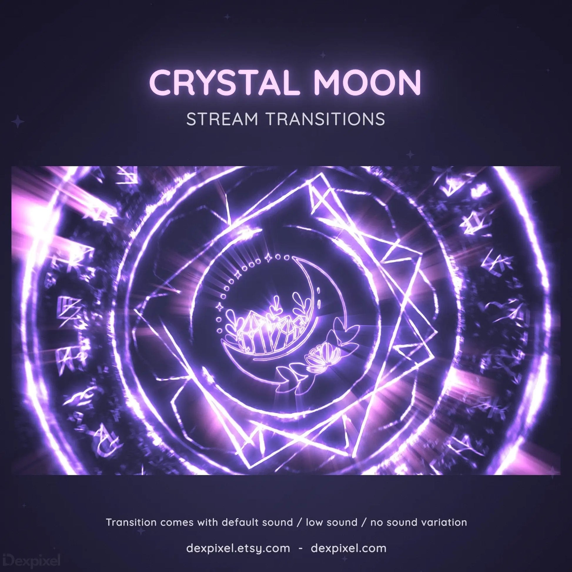 Glowing purple spiral design with geometric patterns and ’Crystal Moon Stream Transitions’ text.