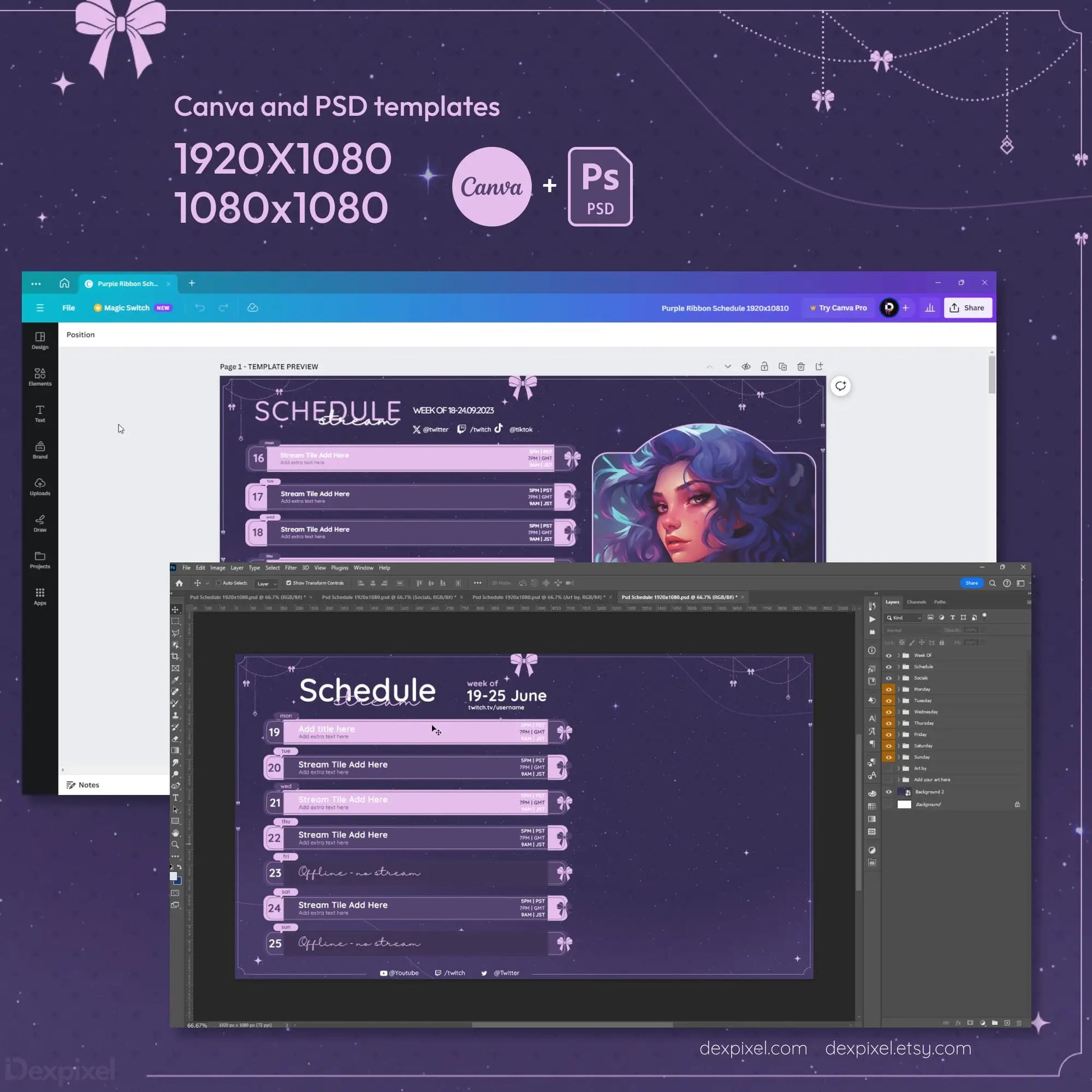 Stream schedule overlay template with a purple starry theme and customizable time slots.