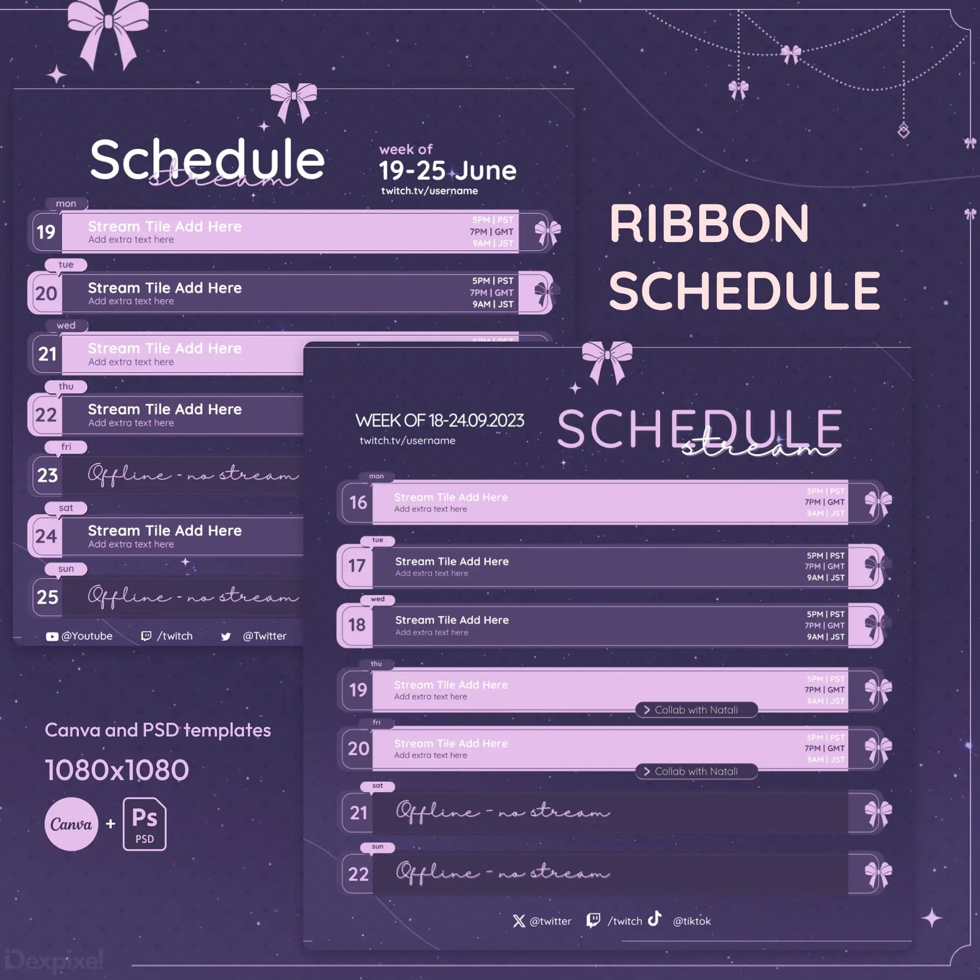 Purple and pink streaming schedule template decorated with ribbon bows.