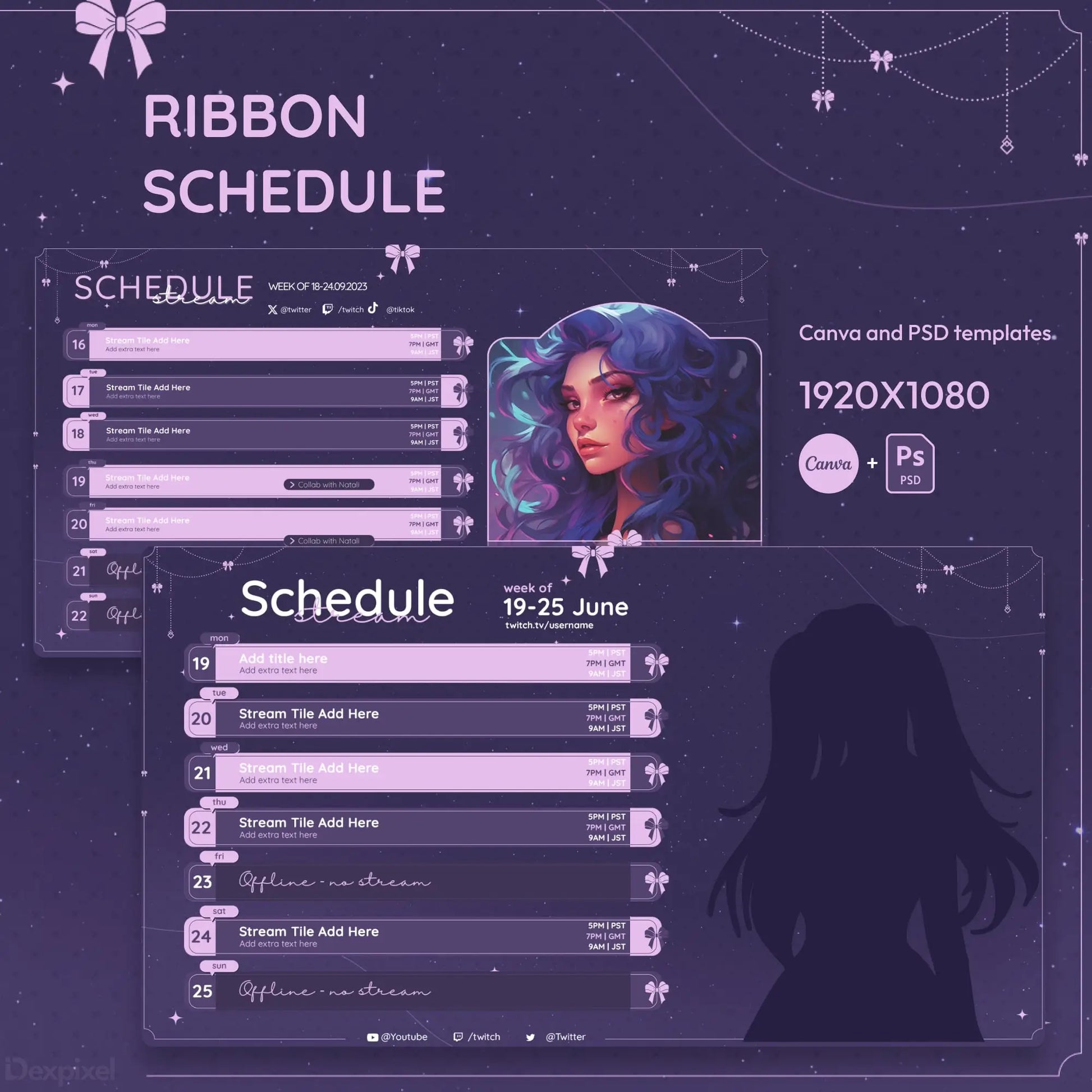 Purple and pink streaming schedule template with ribbon design elements and artistic character illustration.