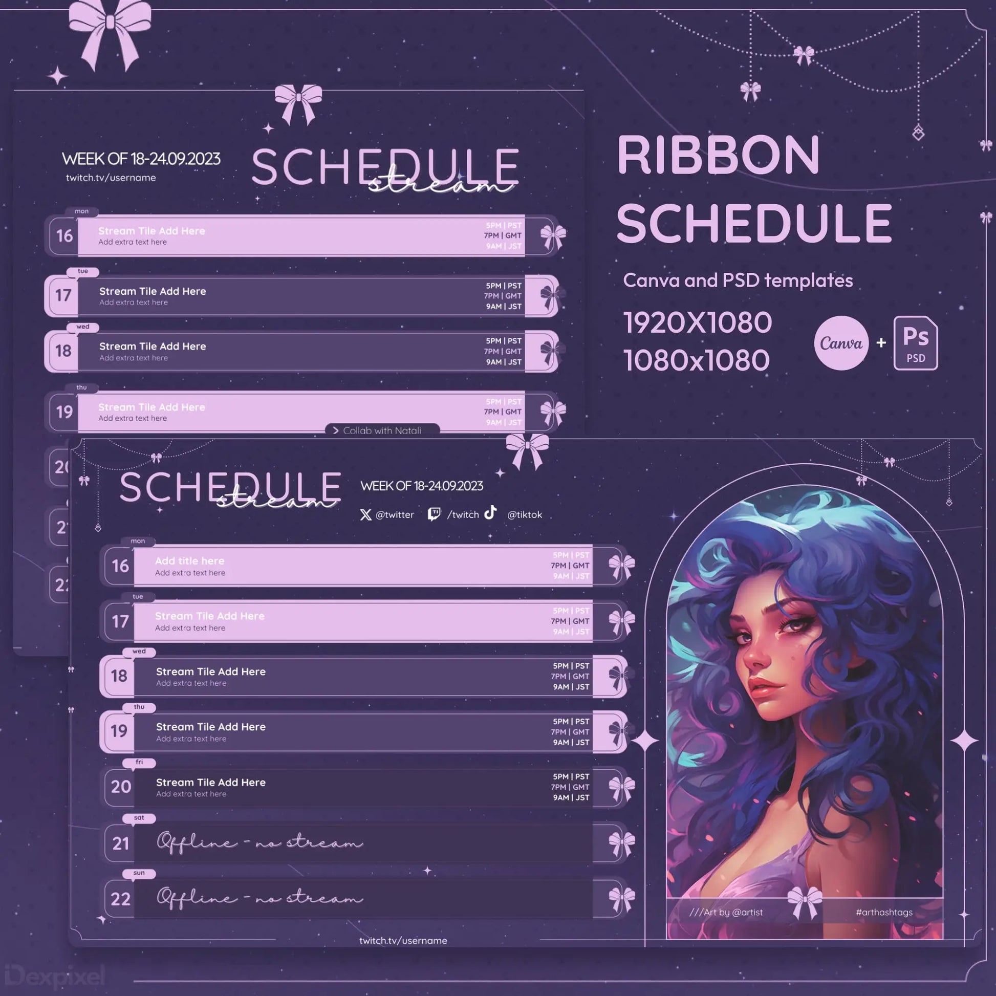 Purple-themed streaming schedule template with ribbon decorations and an artistic illustration in an arched frame.