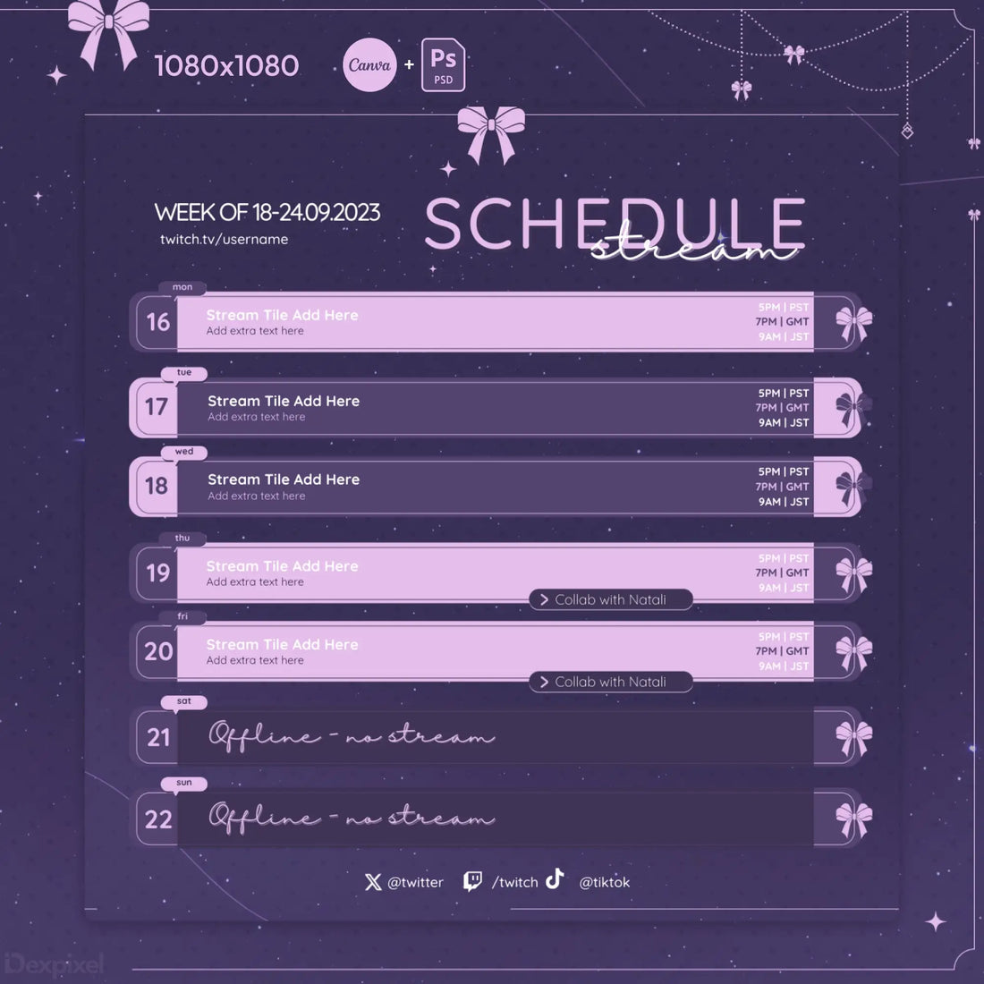 Purple-themed streaming schedule template with ribbon decorations and an artistic illustration in an arched frame.