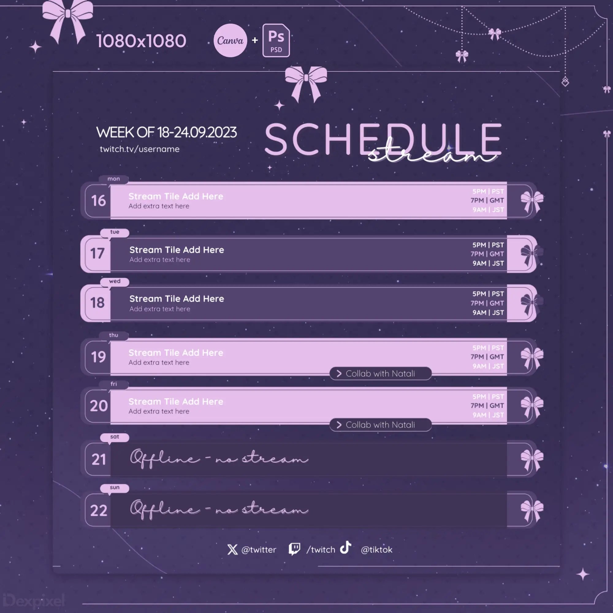 Purple-themed weekly schedule template with decorative bows and dates from the 16th to 22nd.