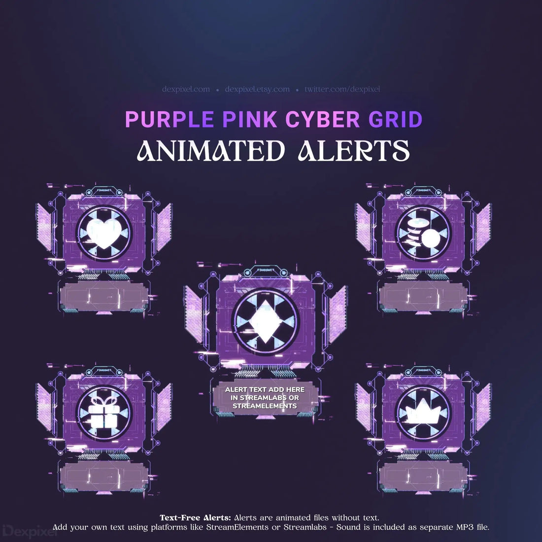 Purple and pink cyber grid animated alerts.