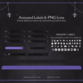 Collection of animated labels and PNG icons with decorative borders and symbols in black and purple colors.