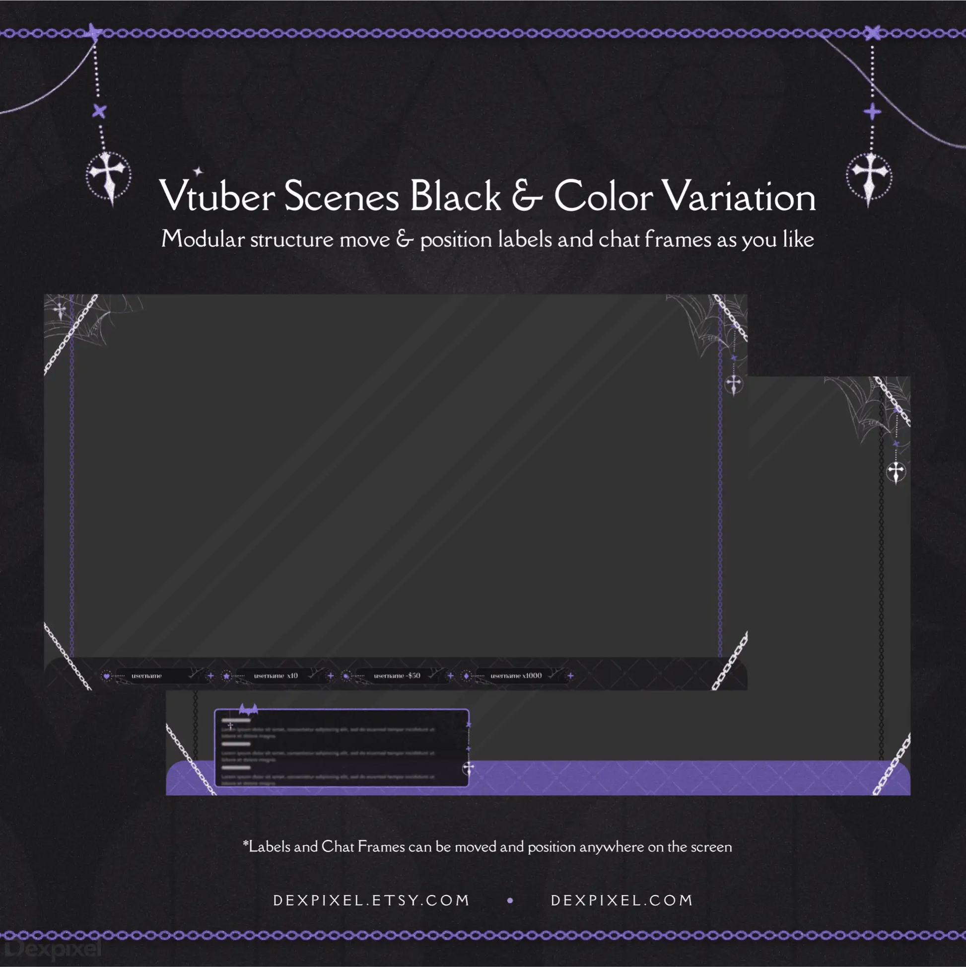 Dark-themed VTuber stream overlay with anchor decorations and purple accents.