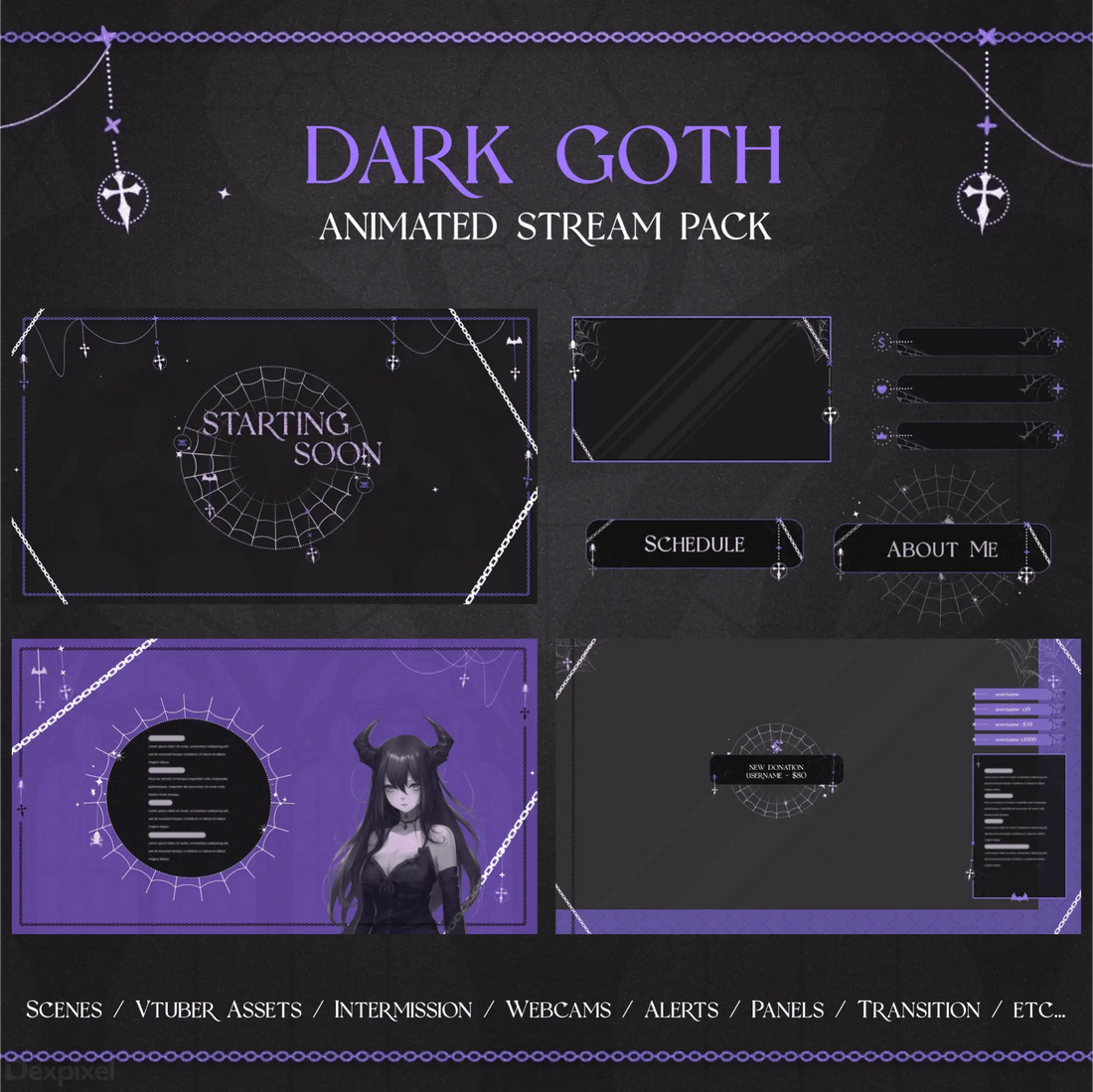 Dark goth-themed streaming overlay pack featuring purple and black design elements with anime-style graphics.