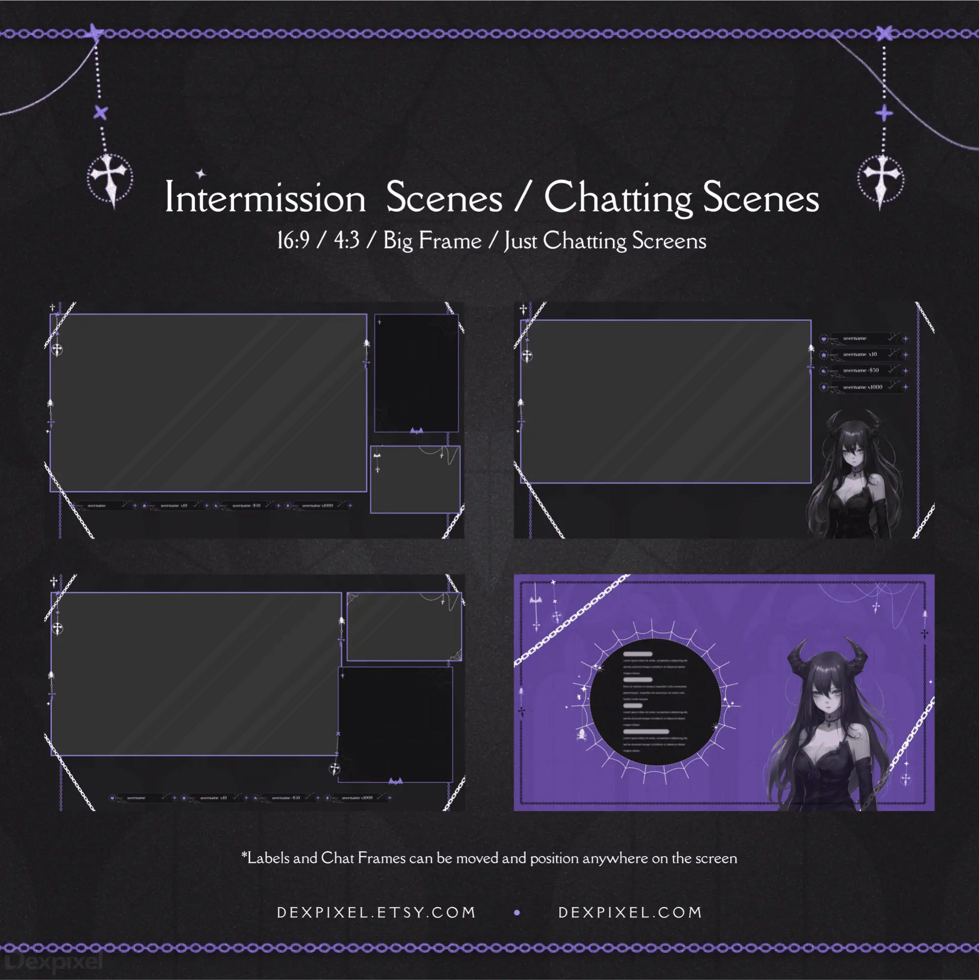 Stream overlay template featuring intermission and chatting scene layouts with anchor decorations and purple accents.