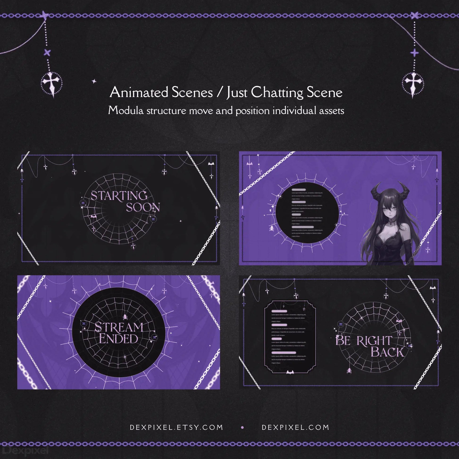 Set of purple and black Twitch stream overlay scenes with geometric designs and anchor decorations.