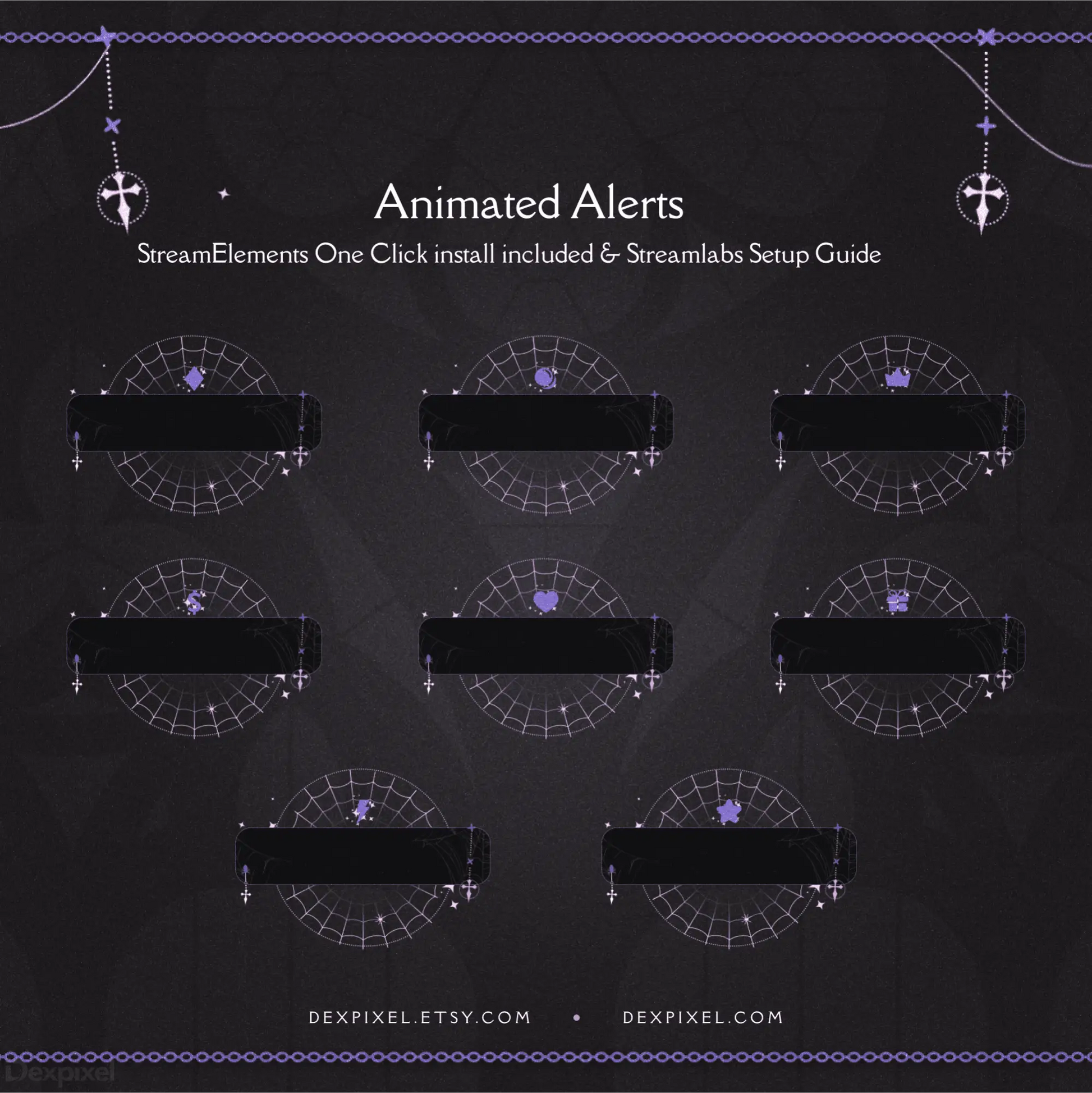 Set of circular animated alert overlays with geometric line patterns and anchor decorations.