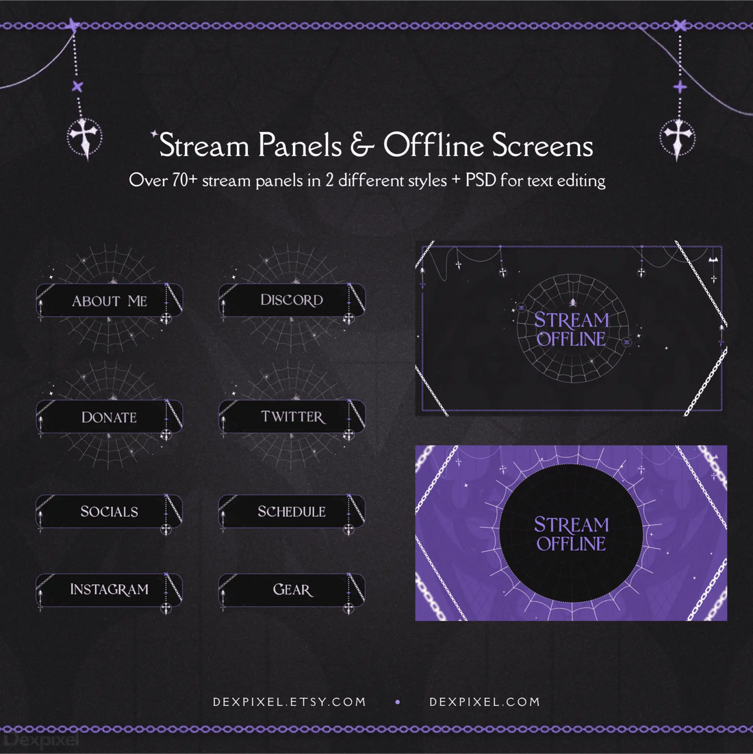 Dark goth-themed streaming overlay pack featuring purple and black design elements with anime-style graphics.