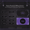 Dark themed stream panels and offline screens with gothic/mystical design elements featuring crosses and geometric patterns.