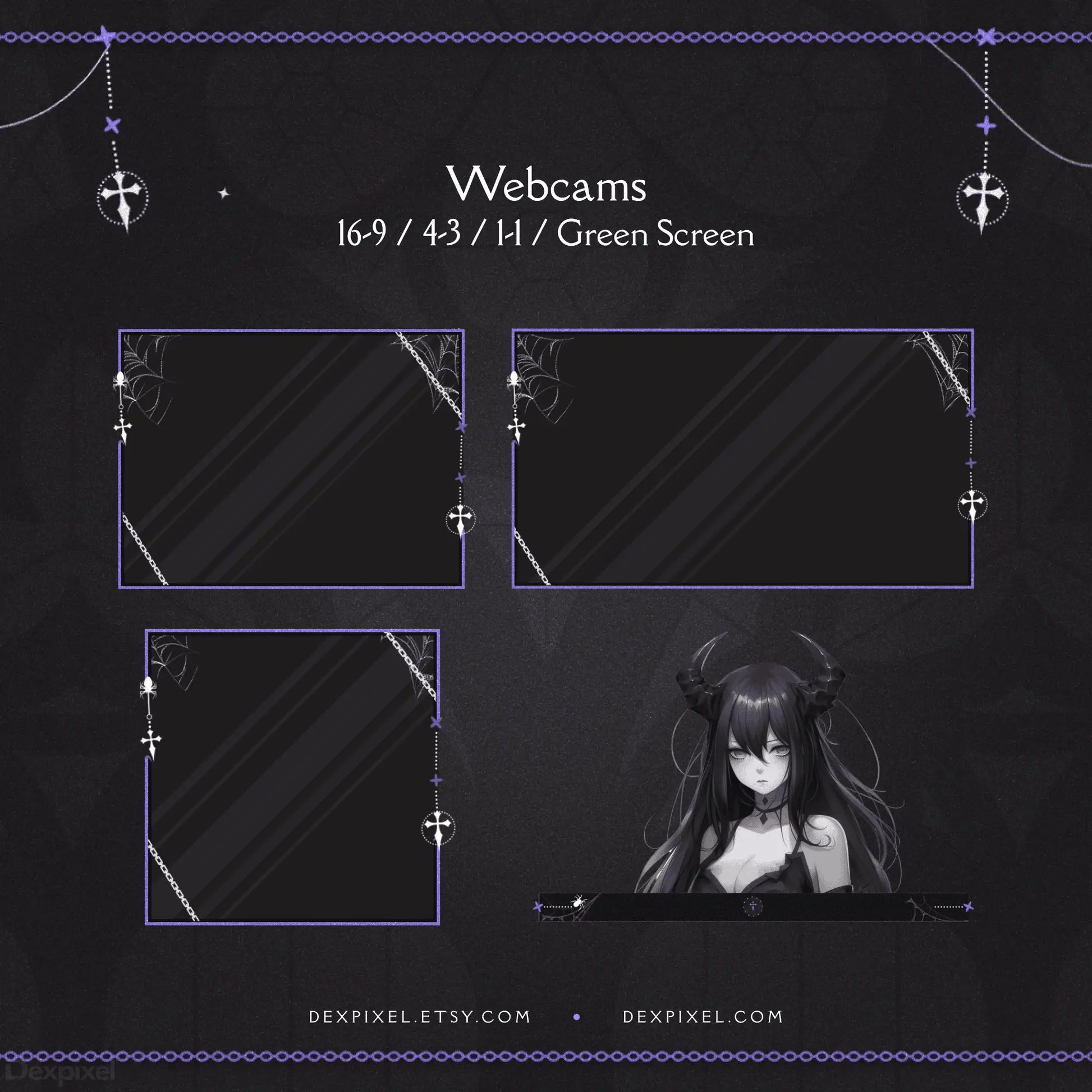 Webcam overlay template featuring gothic-style borders and an anime character design.