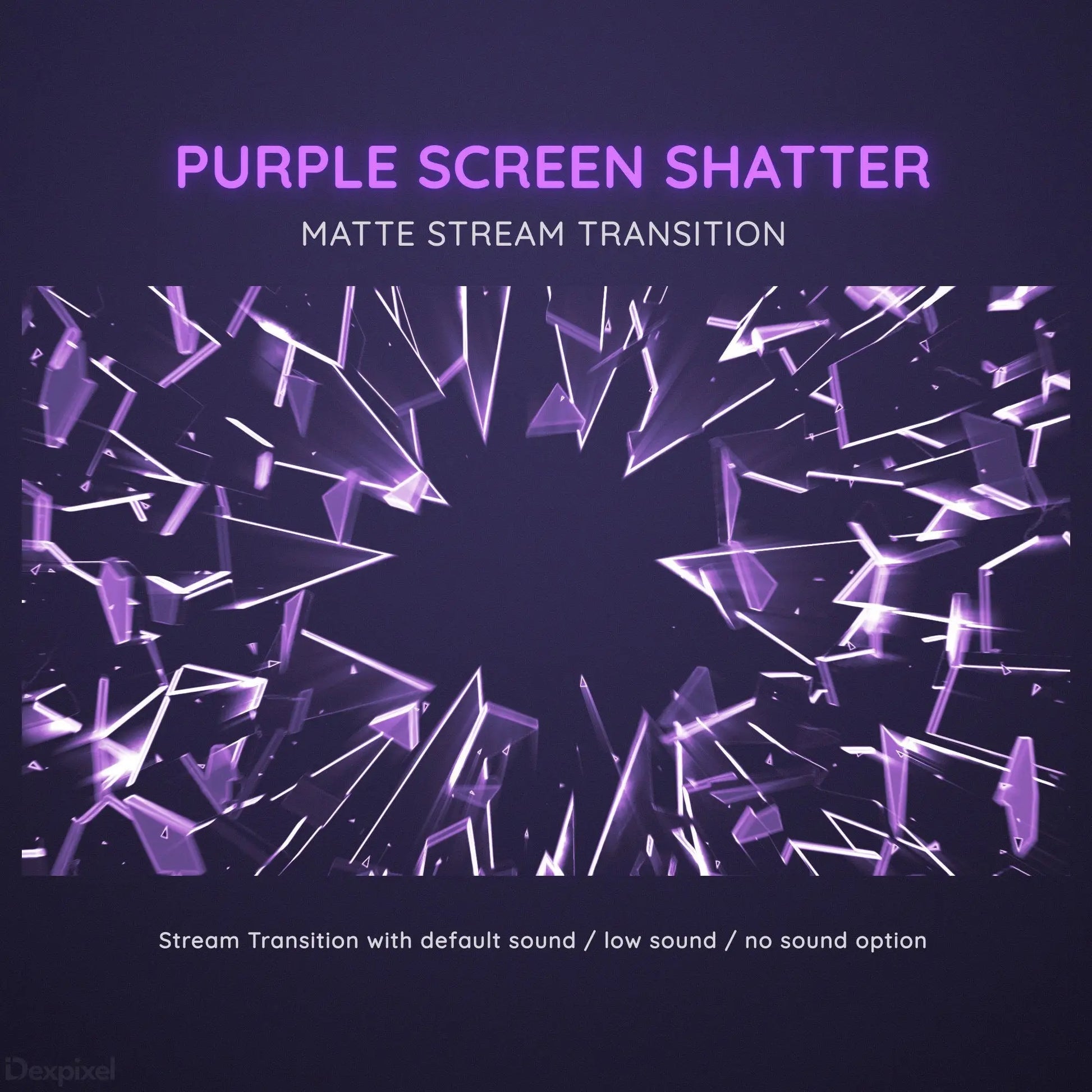 Purple shattered glass effect with angular fragments and white highlights.