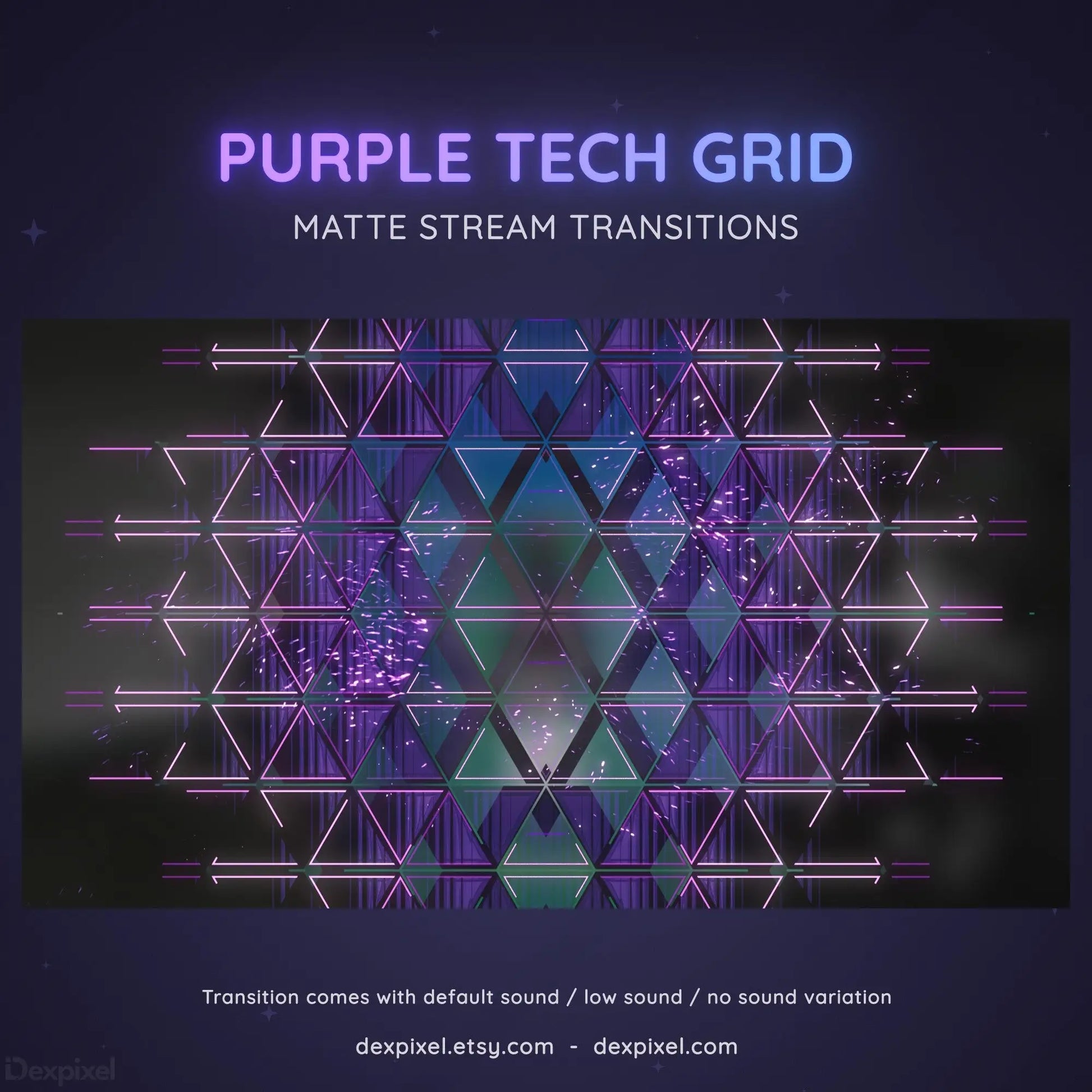 Glowing purple and blue geometric grid pattern with intersecting lines forming triangular shapes.