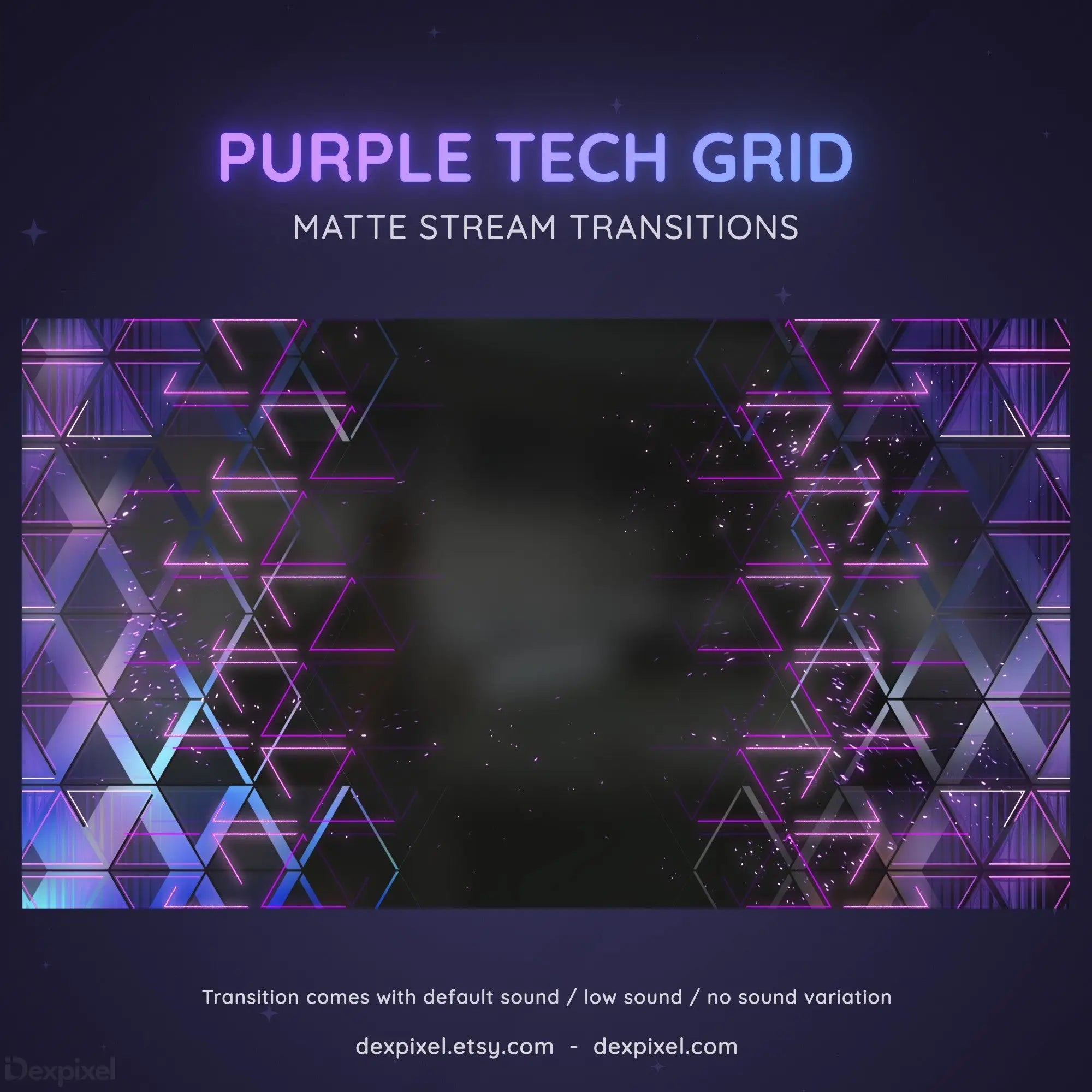 Glowing purple and blue geometric grid pattern with tech-style transitions.