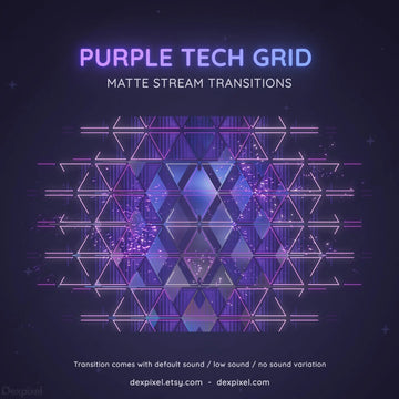 Geometric purple and blue tech grid pattern with glowing neon elements and symmetrical triangular shapes.