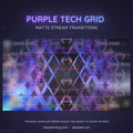 Geometric grid pattern with purple and blue neon lighting effects and triangular shapes.