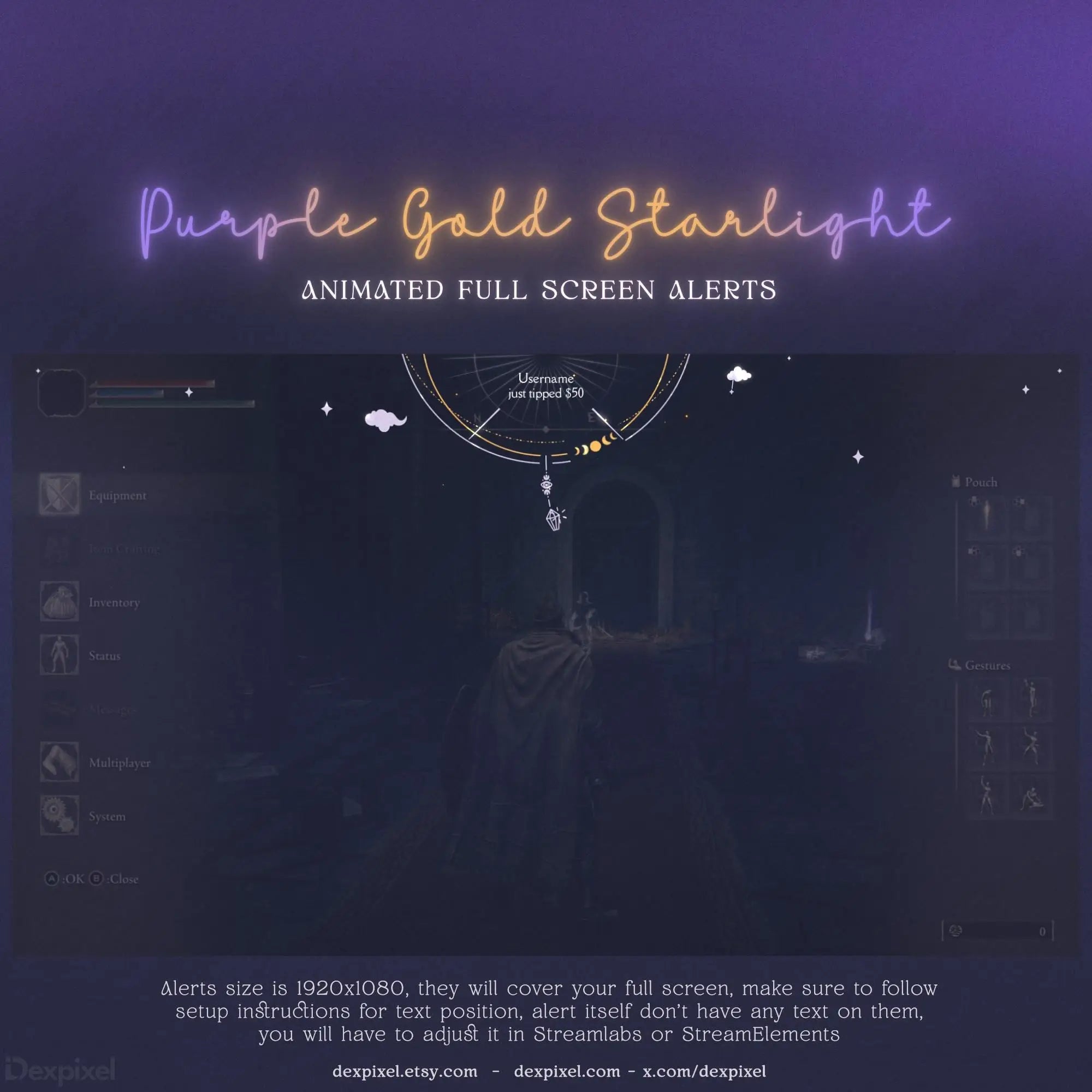 Purple Gold full screen twitch stream alert with celestial design
