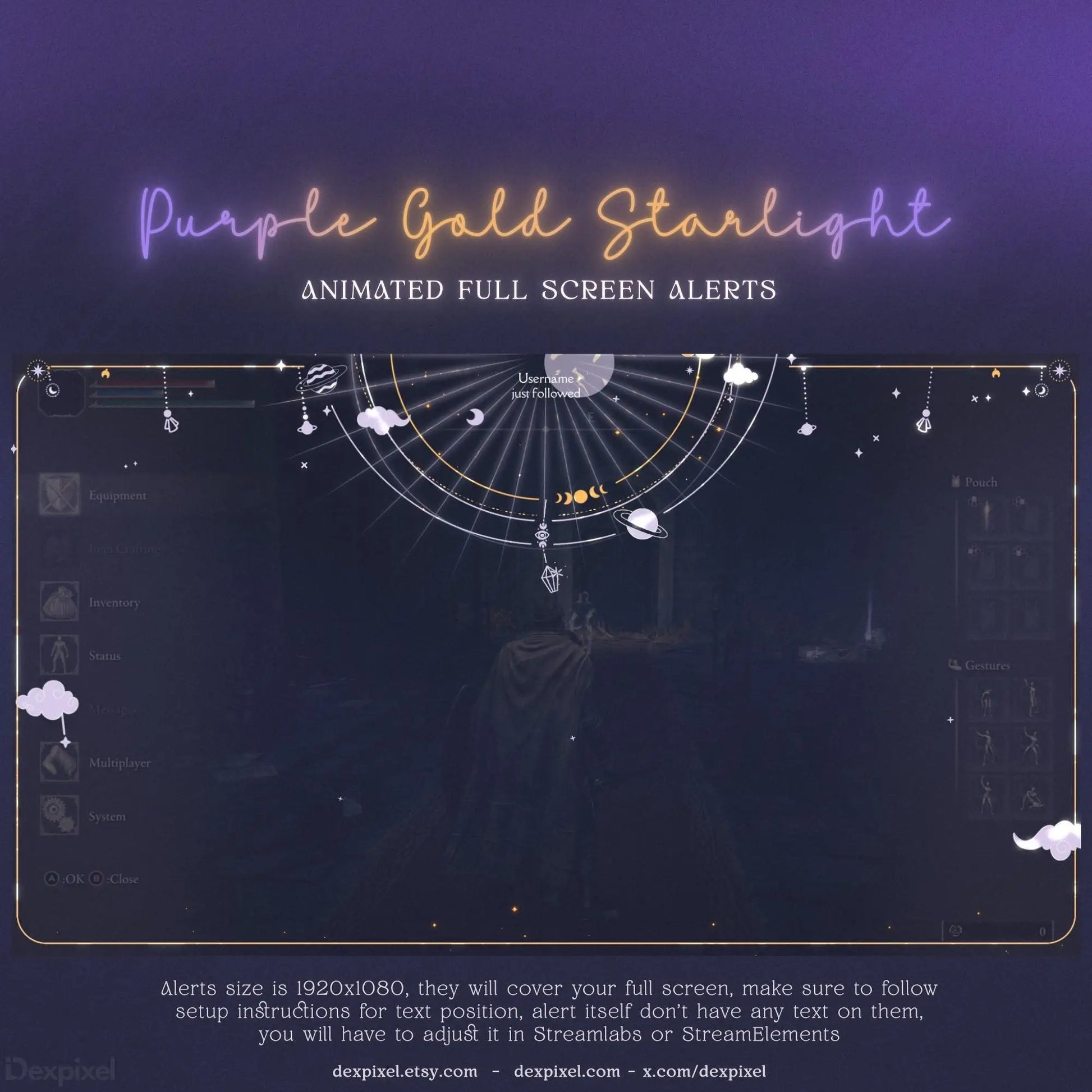 Purple Gold celestial galaxy stream alert with space theme
