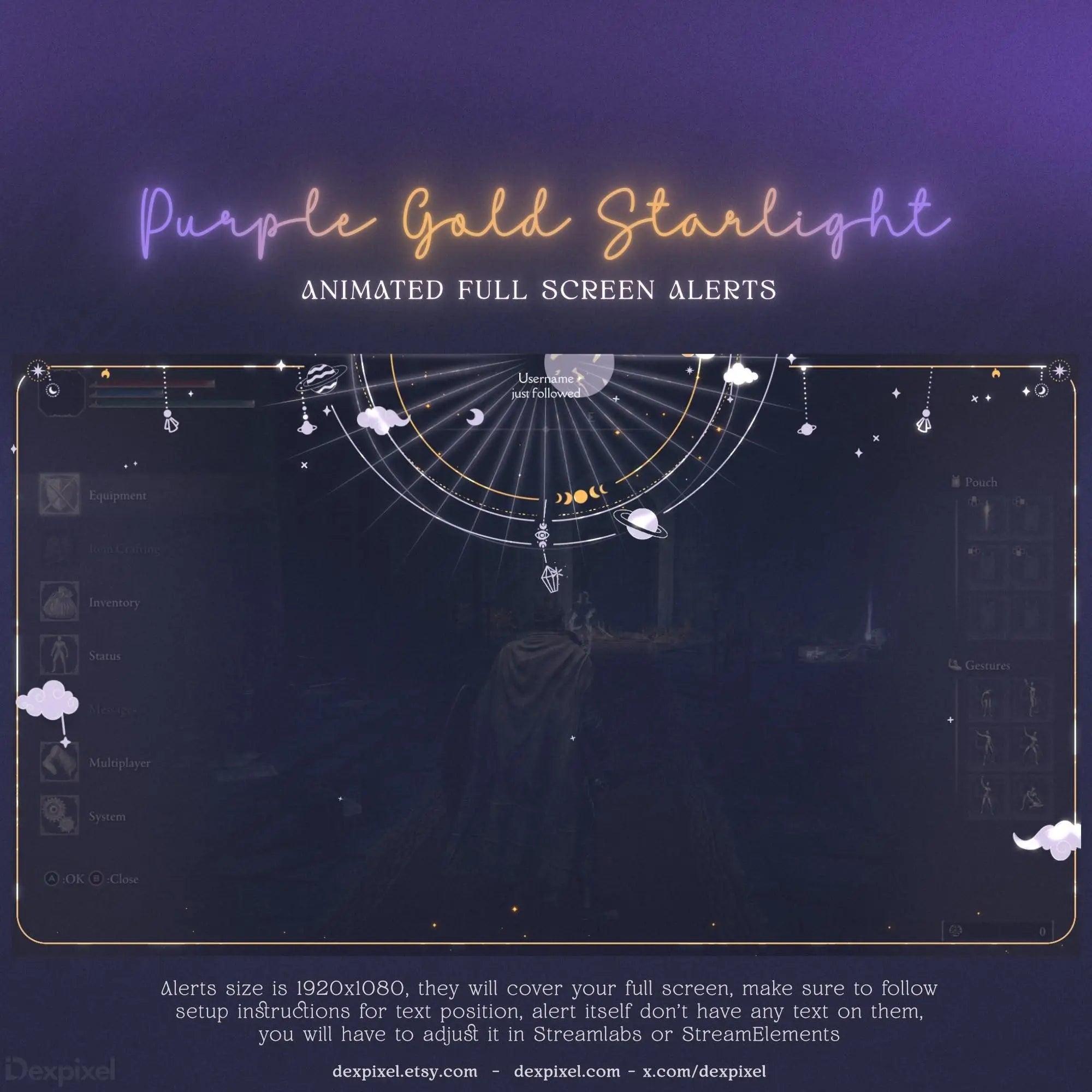 Purple Gold celestial galaxy stream alert with space theme

