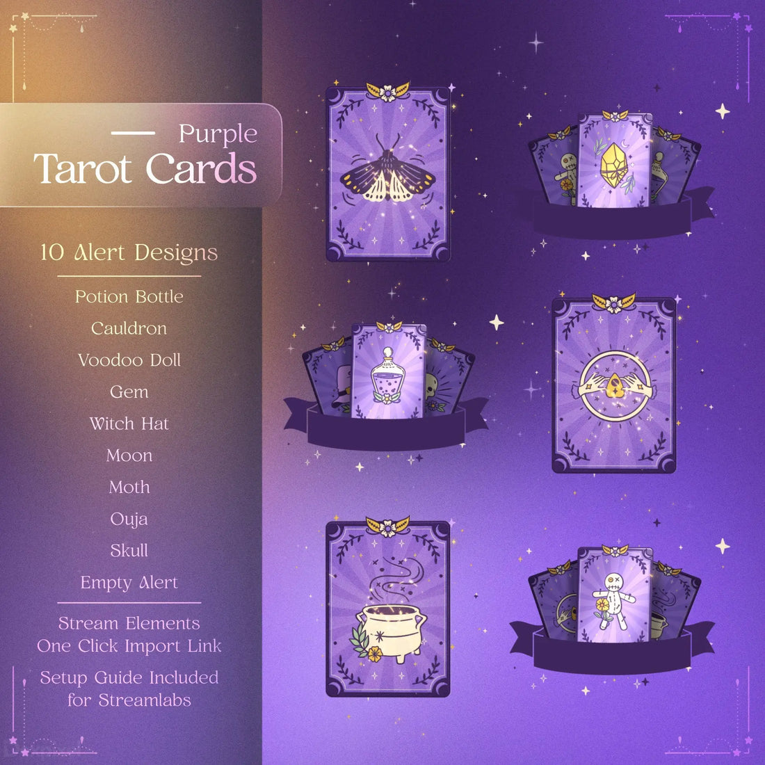 purple gold tarot cards animated stream alerts