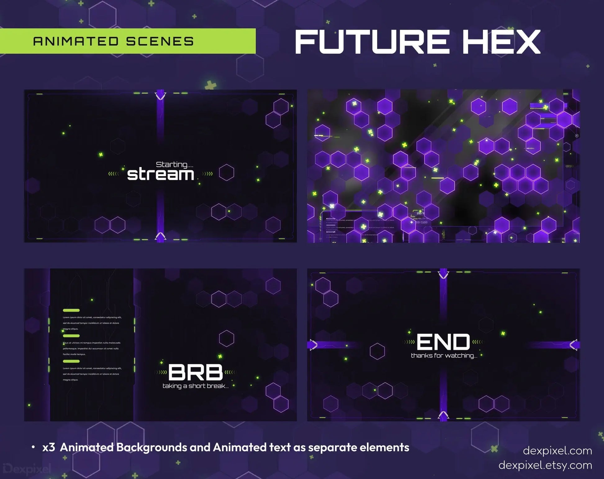 Animated streaming scenes with a futuristic hexagon theme.