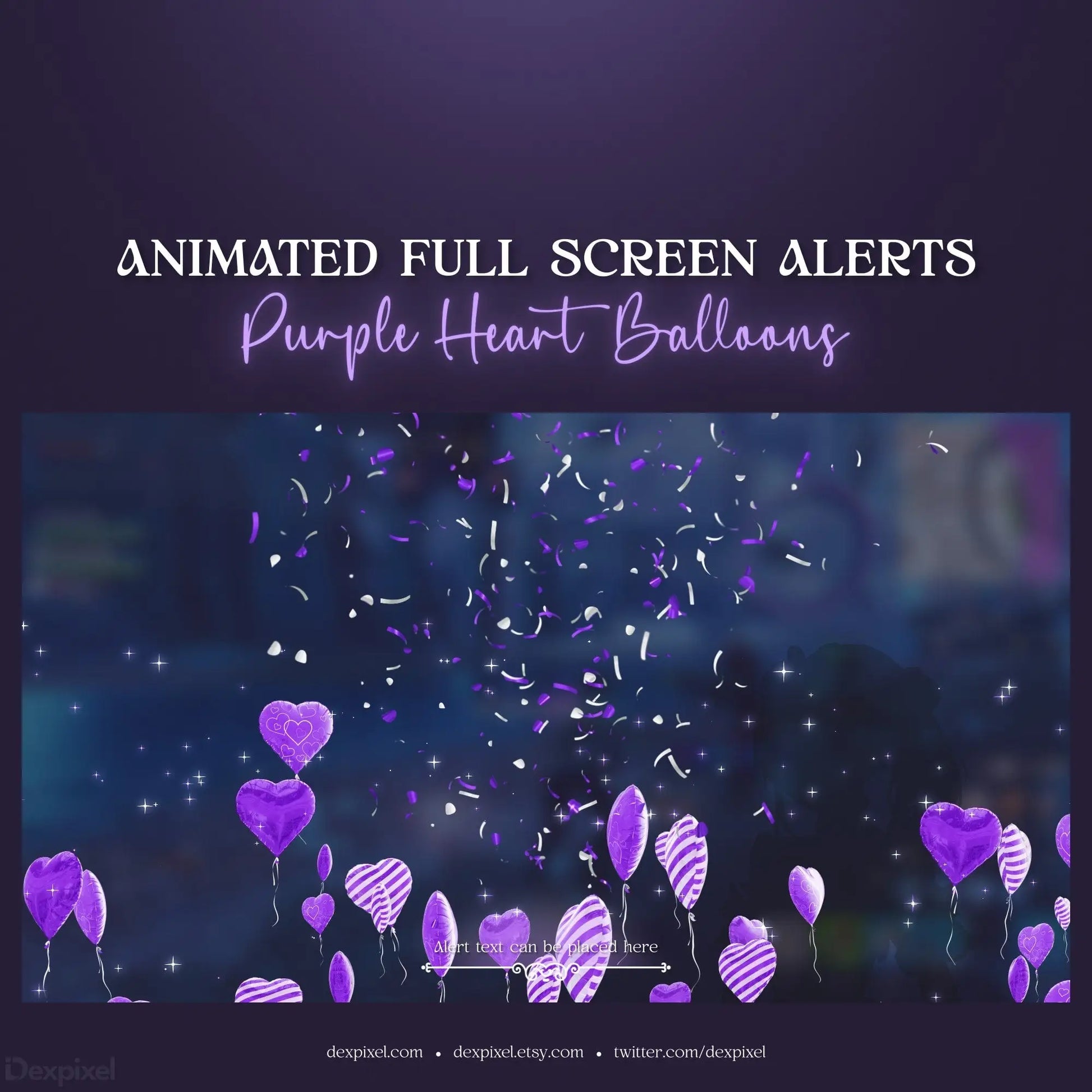 Animated purple heart balloons with confetti and sparkles.