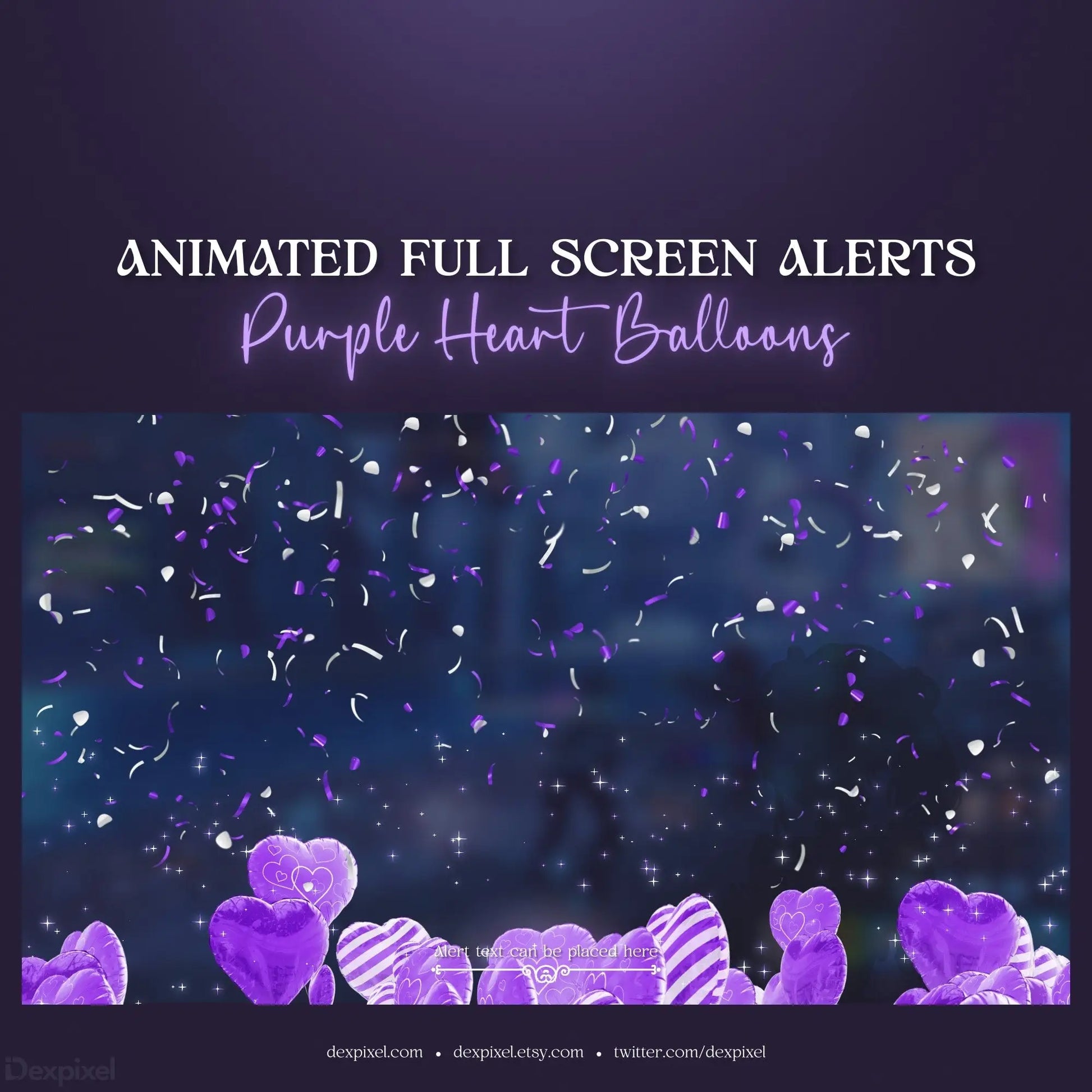 Purple heart balloons with animated confetti effects.