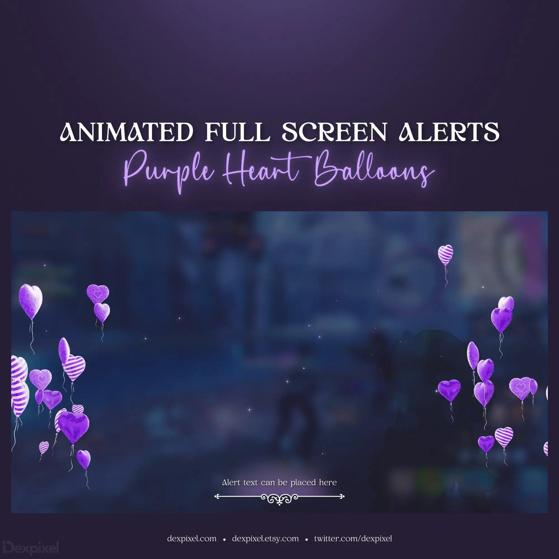 Animated purple heart-shaped balloons floating with a decorative text overlay.