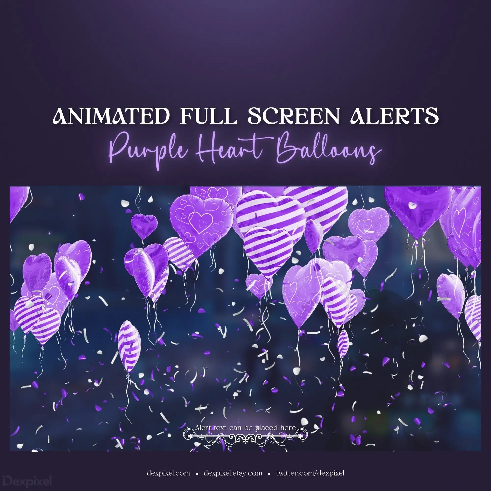 Purple heart-shaped balloons with striped patterns floating amidst confetti.