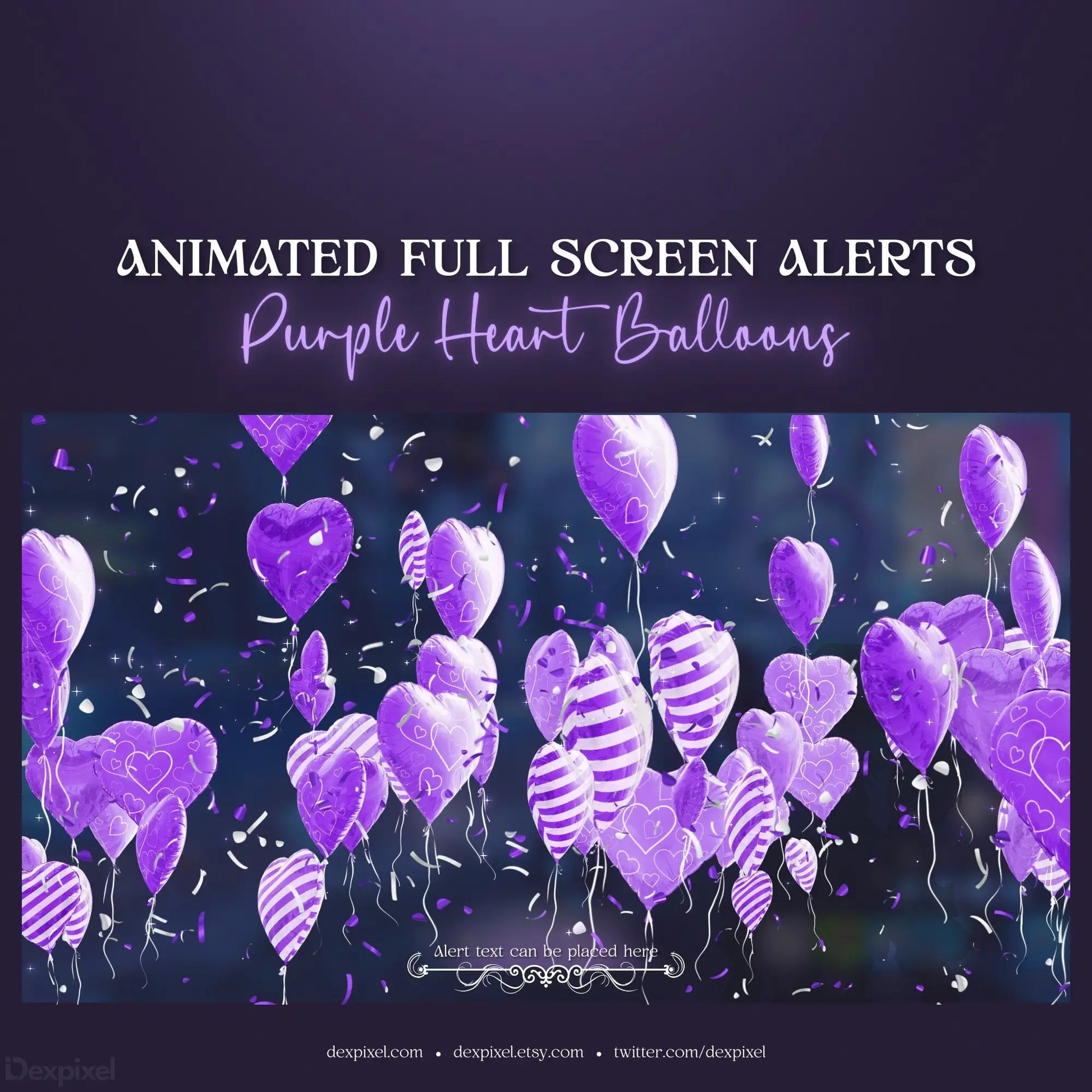 Purple heart-shaped balloons with striped patterns floating amidst confetti.