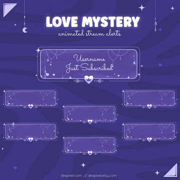 Purple Love Mystery animated stream alerts with heart designs for Twitch and YouTube subscriptions.