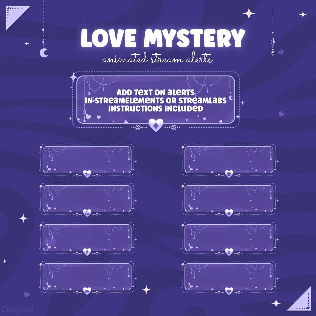 Purple Love Mystery animated stream alerts with heart designs for Twitch and YouTube subscriptions.