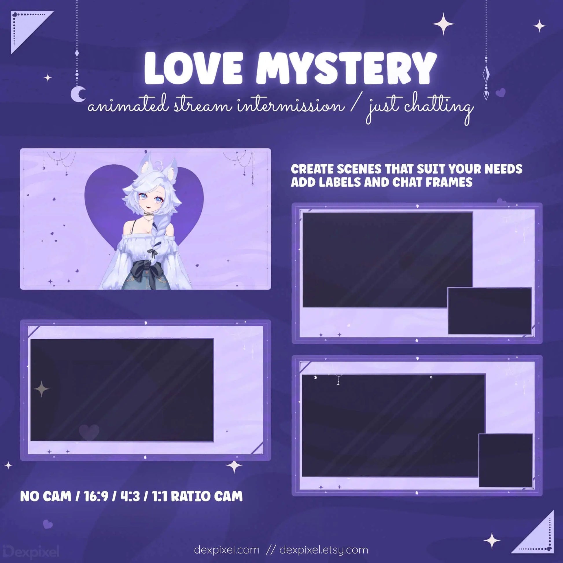 Purple Love Mystery animated stream intermission design with customizable scenes for Twitch and YouTube streaming.