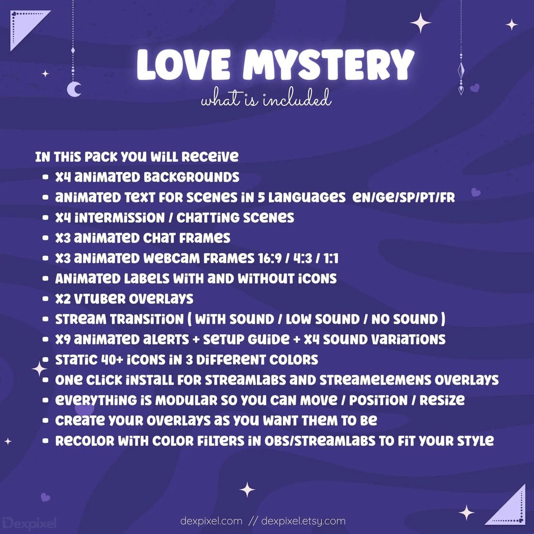 Purple Love Mystery animated stream pack featuring charming overlays and elements for Twitch and YouTube streaming.