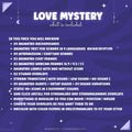 Love Mystery Animated Stream Pack details including backgrounds, overlays, webcam frames, and icons for Twitch and YouTube.