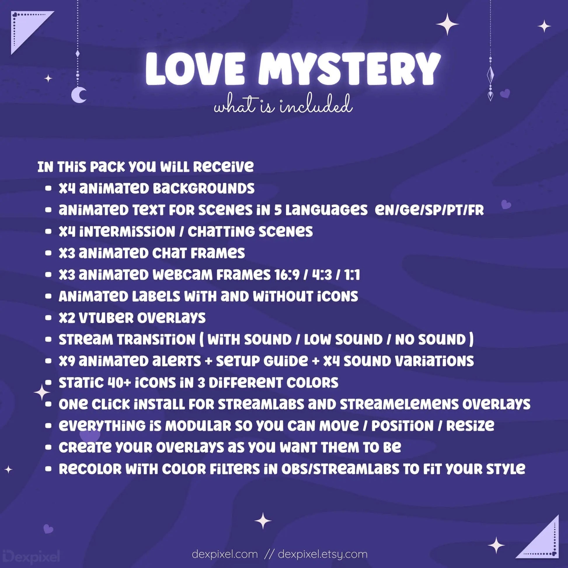 Love Mystery Animated Stream Pack details including backgrounds, overlays, webcam frames, and icons for Twitch and YouTube.