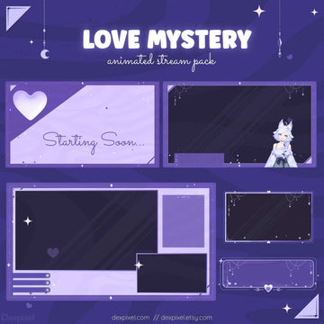 Purple Love Mystery animated stream pack featuring charming overlays and elements for Twitch and YouTube streaming.