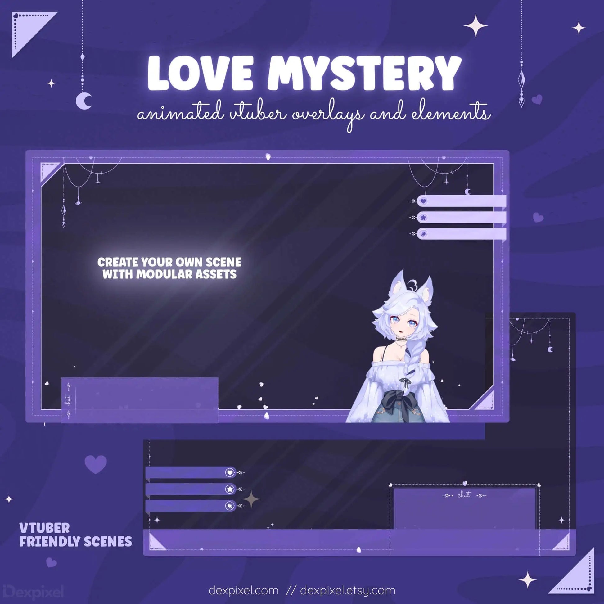 Purple Love Mystery animated overlays for VTuber streams featuring customizable modular assets and charming design elements.