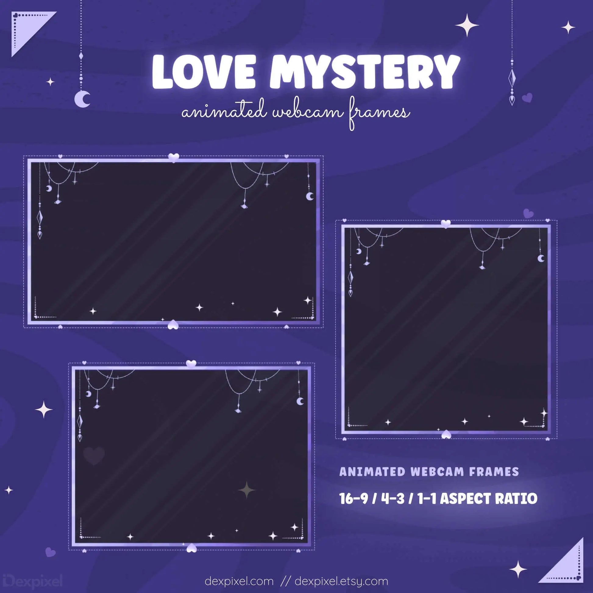 Animated webcam frames featuring a purple love theme with stars and hearts, designed for Twitch and YouTube streams.