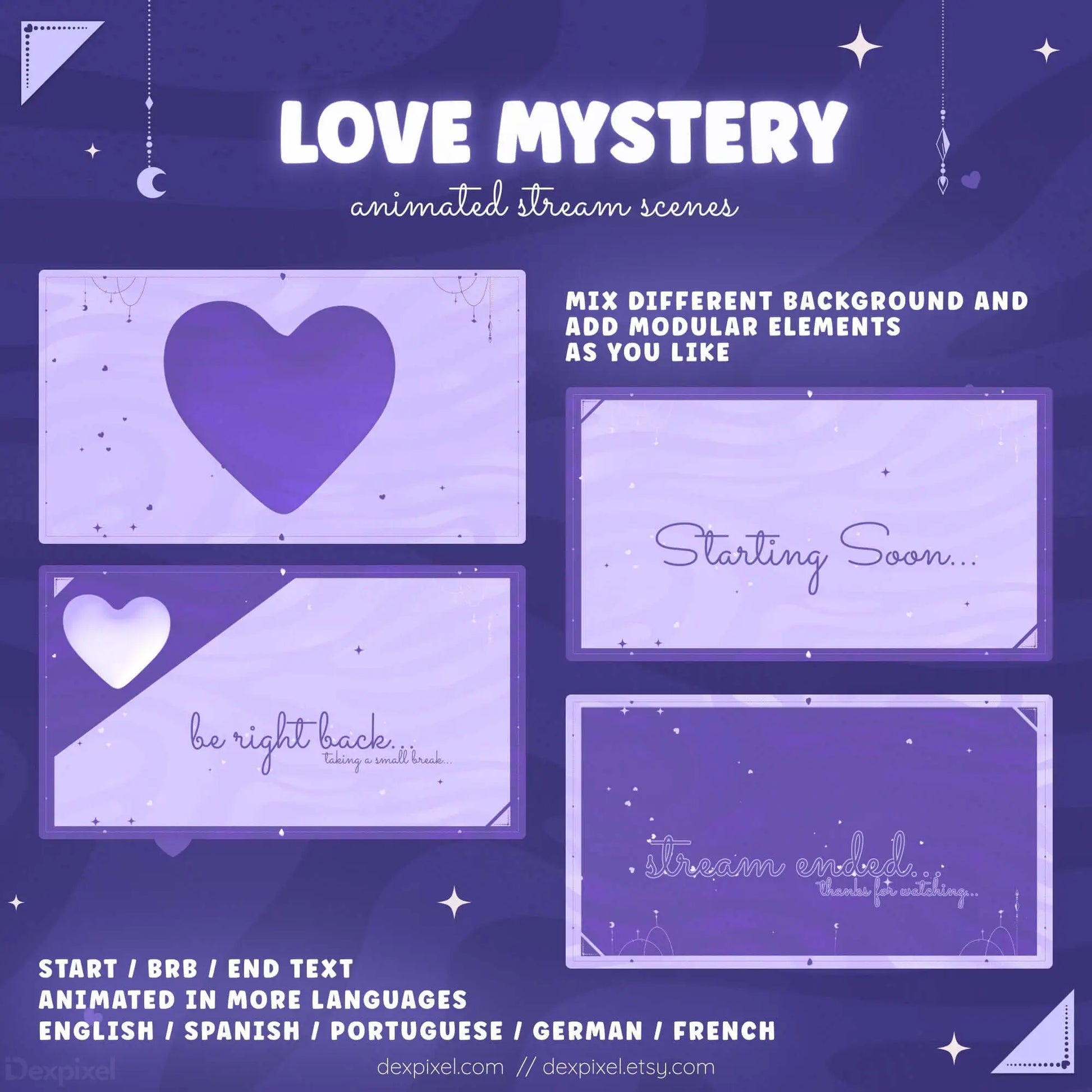 Animated stream scenes featuring purple backgrounds and heart designs for Twitch and YouTube streams.