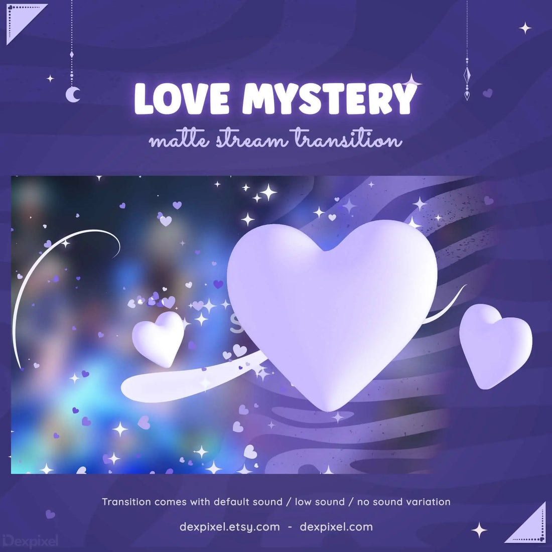 Purple Love Mystery animated stream transition featuring pastel hearts and a dreamy background for Twitch and YouTube streams.