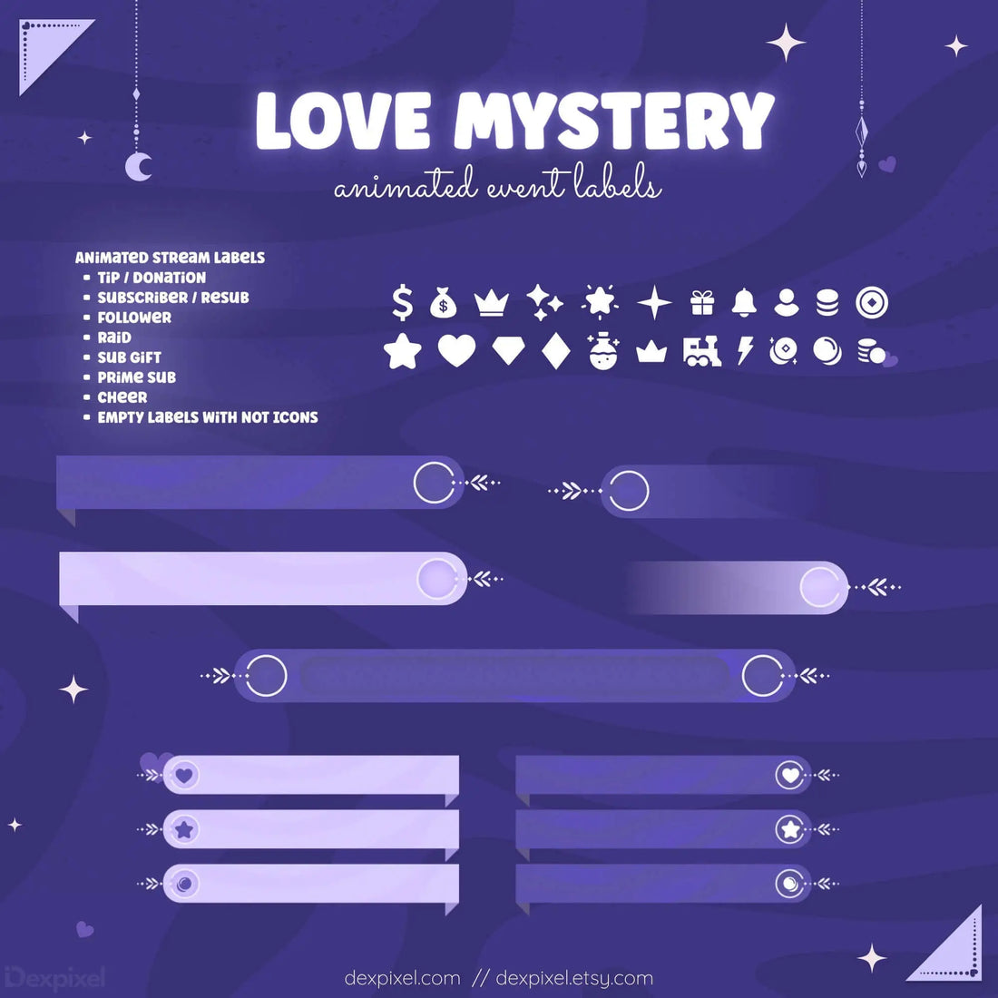 Animated webcam frames featuring a purple love theme with stars and hearts, designed for Twitch and YouTube streams.