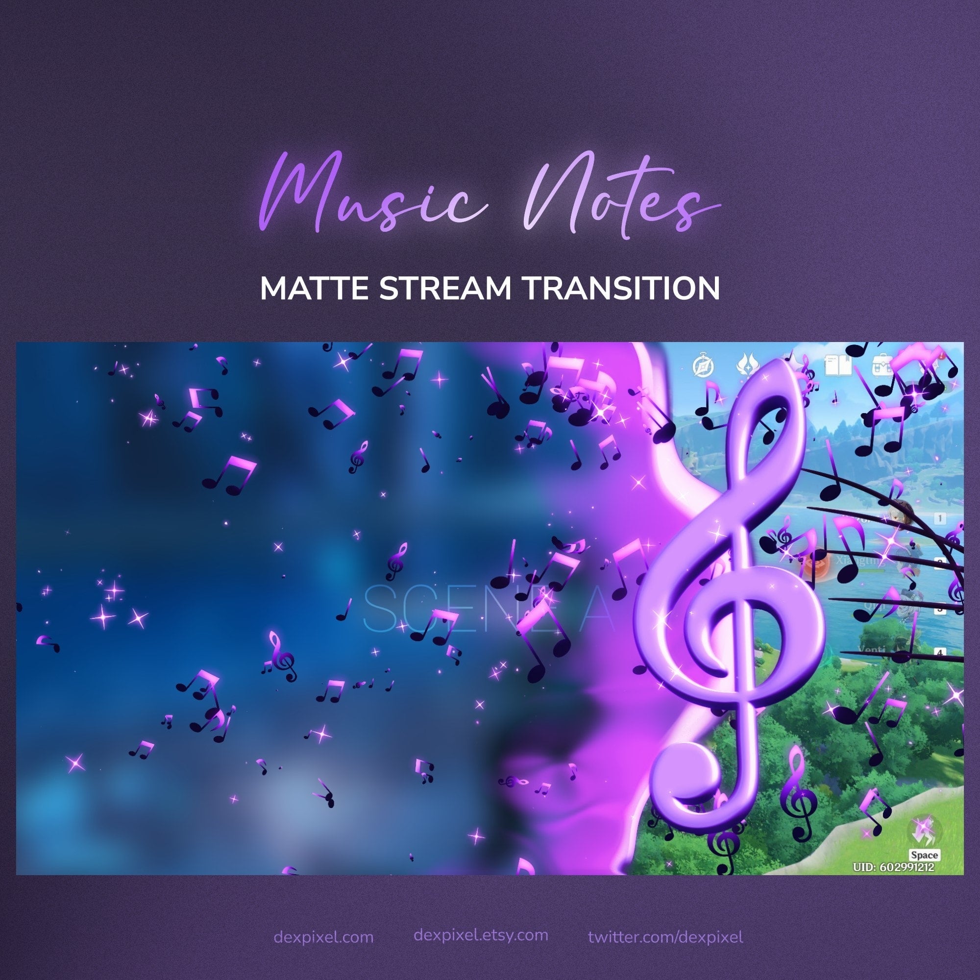 Purple matte-gloss treble clef graphic with floating musical notes against a gradient blue and purple background.