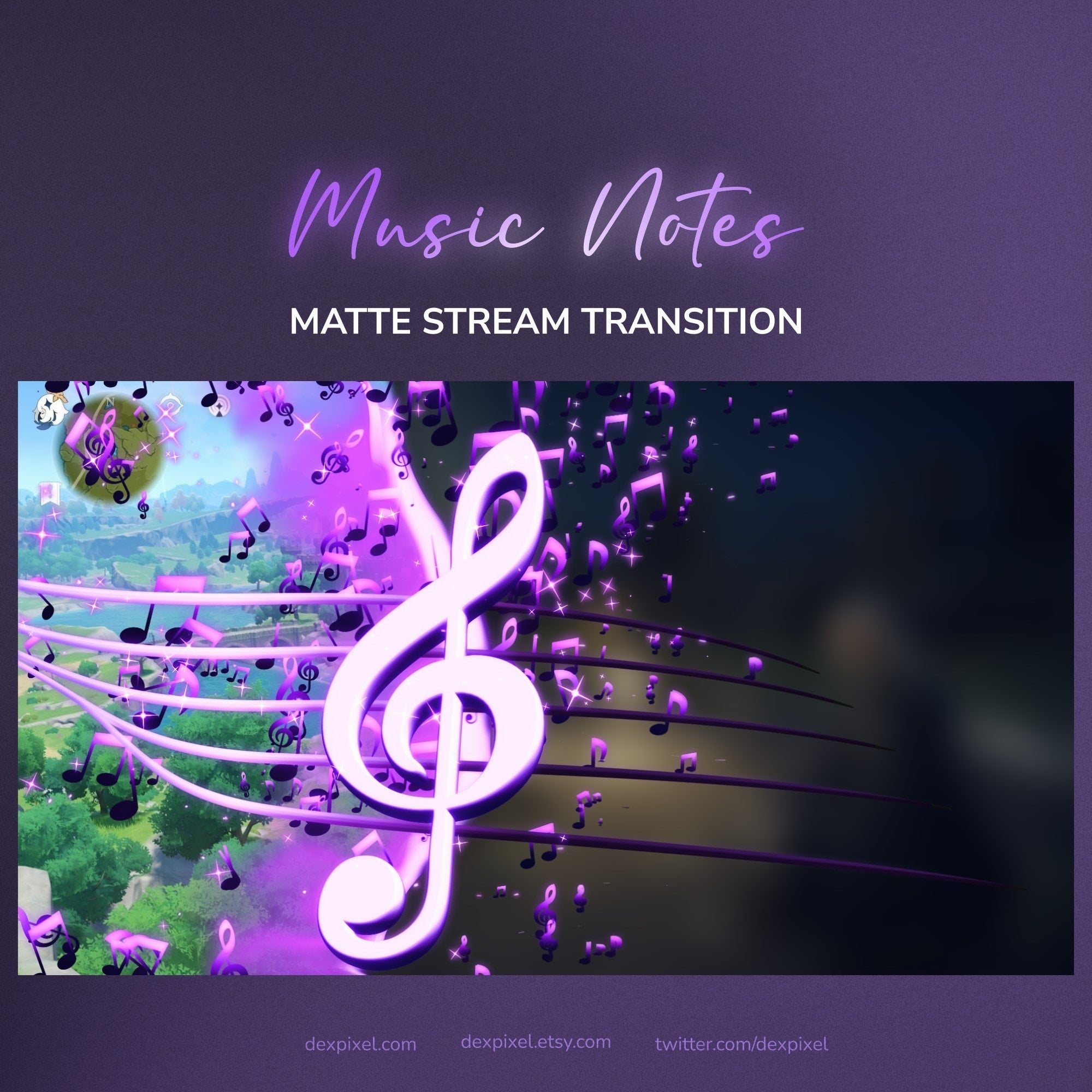 Purple glowing treble clef with floating musical notes on a purple gradient background.