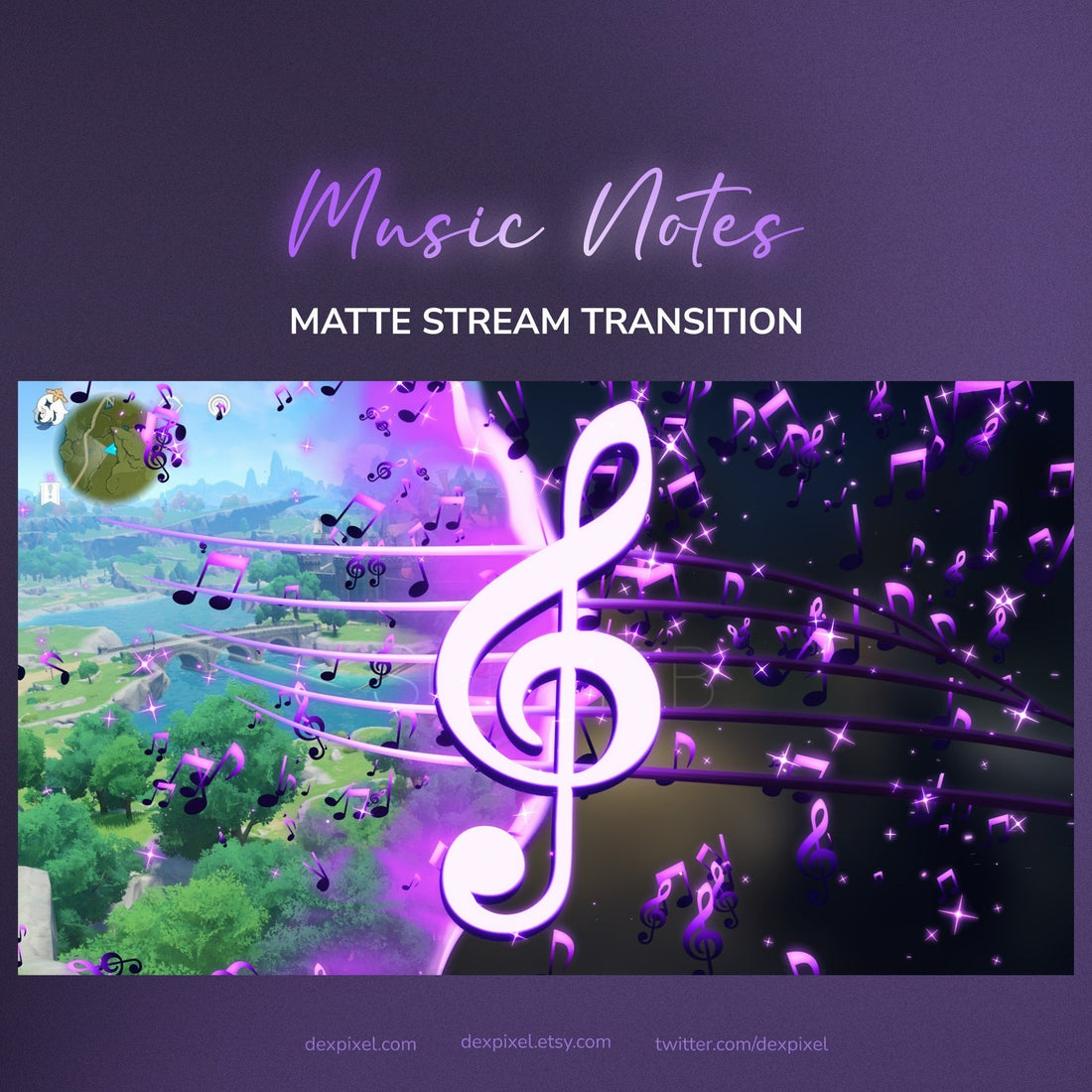 Purple glowing treble clef graphic with sparkling musical notes floating around it.