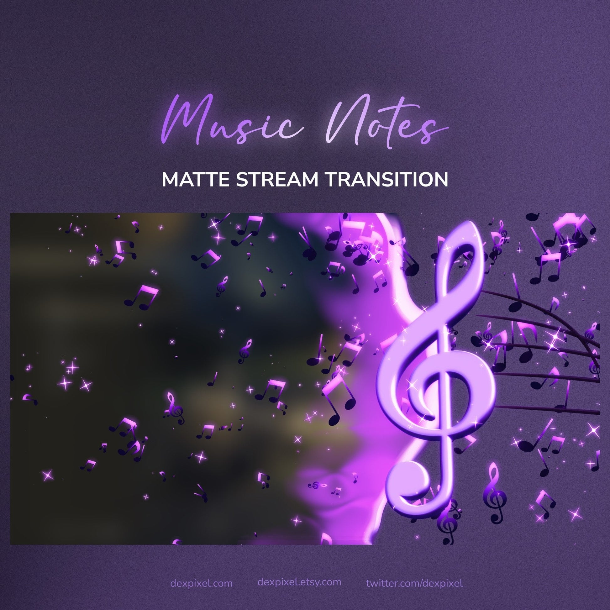 A glowing purple treble clef with a matte finish, surrounded by floating musical notes and sparkles.