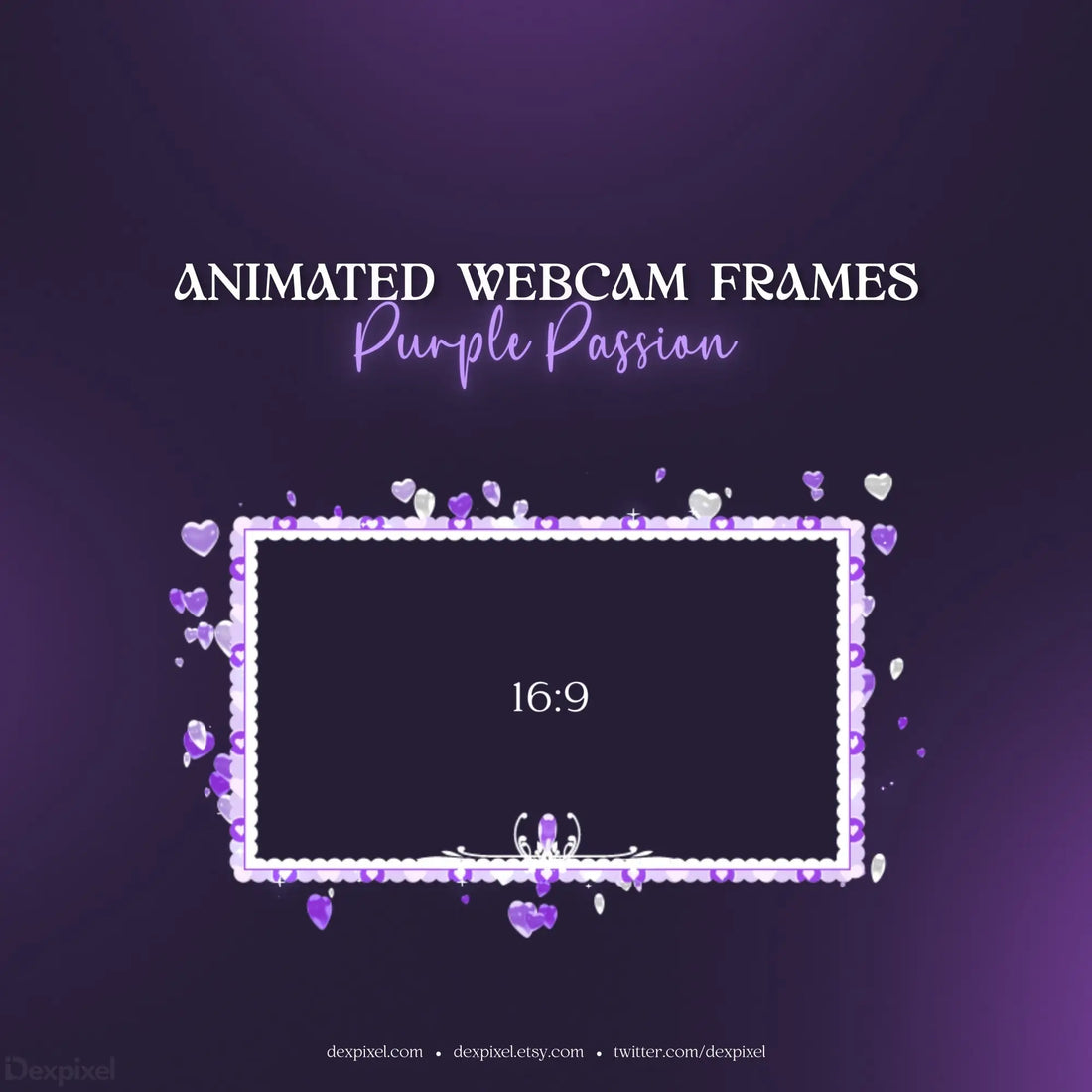 Stream overlay template with purple heart and floral design elements for webcam layouts.