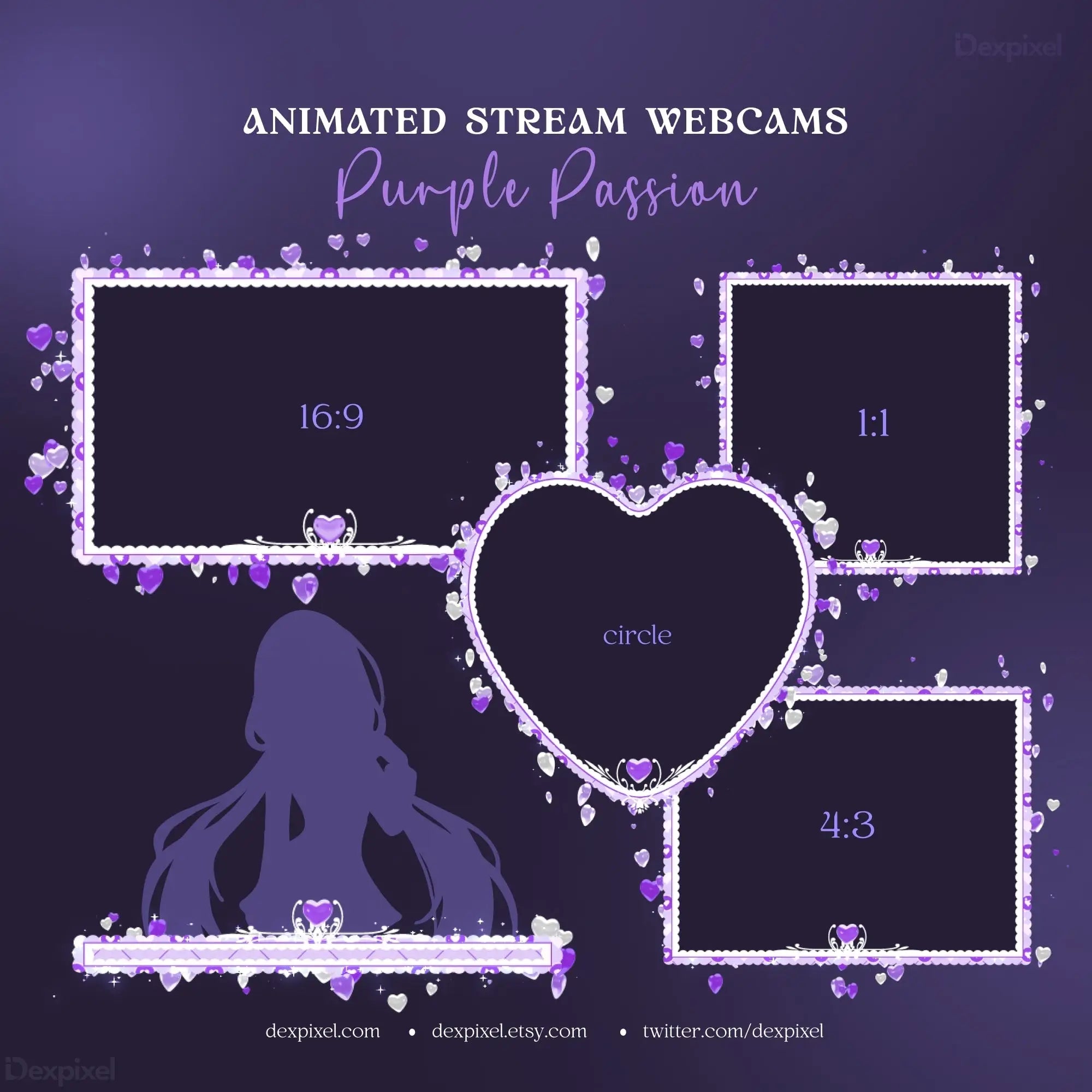 Stream overlay template with purple heart and floral design elements for webcam layouts.